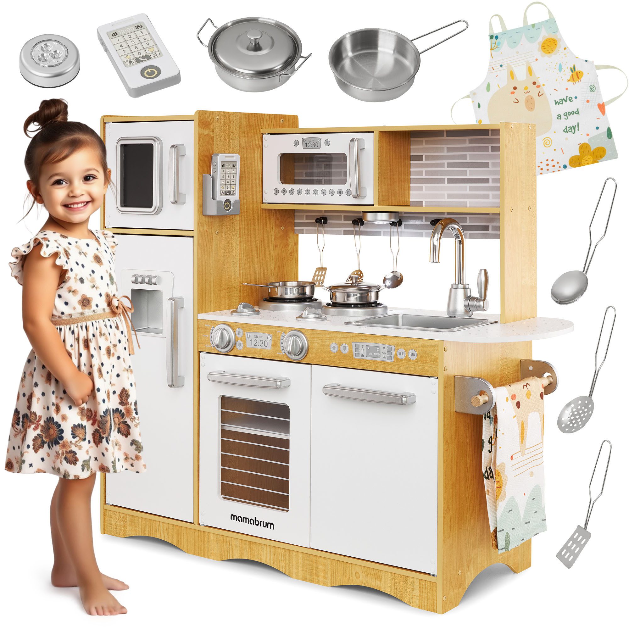 Mamabrum Kinder-Küchenset XXL-Holzküche mit LED-Beleuchtung, Schürze und Zubehör- Spielset
