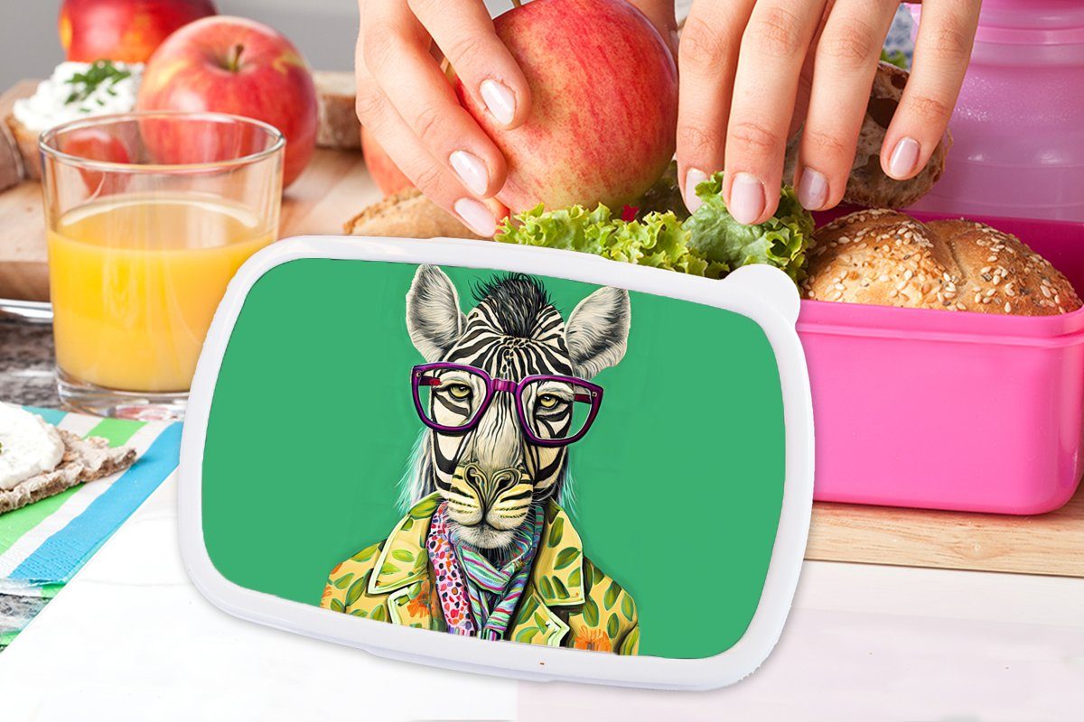 MuchoWow Lunchbox für Kunststoff Tiere, Zebra Erwachsene, Hippie - - (2-tlg), Snackbox, Kinder, Kunststoff, rosa Brille - Brotbox Blumen - Brotdose Mädchen