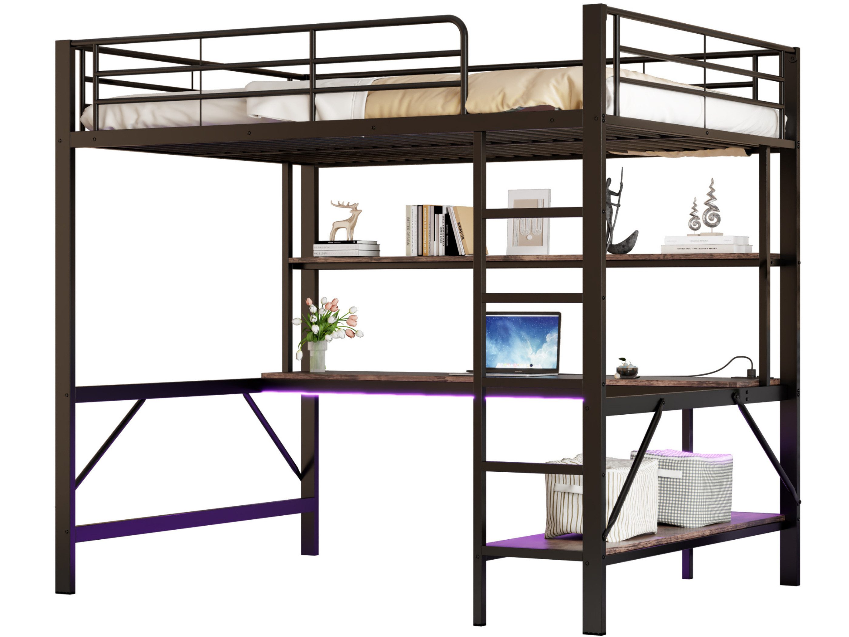 SeedWave Hochbett Vielseitige LED Hochbett Einzelbett mit Schreibtisch, 90/140 x 200cm Mit 2 Regalen, 5-Stufige vertikale Leiter