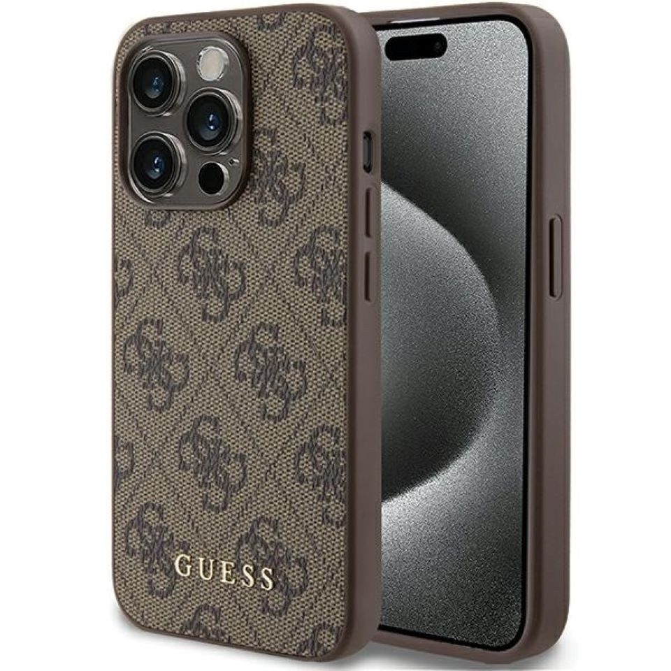 Handyhülle Case iPhone 15 Pro Kunstleder braun mit goldfarbenen Logo