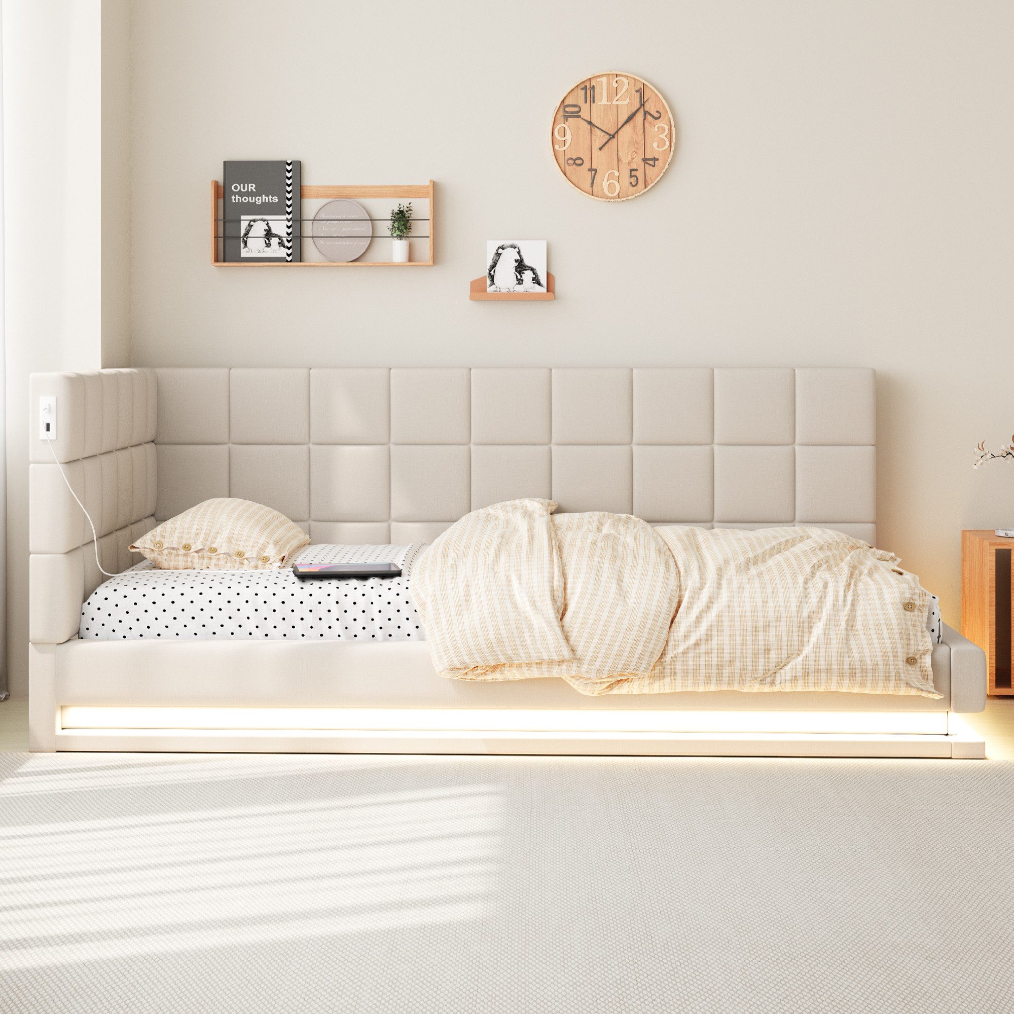 REDOM Schlafsofa Polsterbett,Funktionsbett,Jugendbett, Multifunktionales Polsterbett-Schlafsofa mit LED-Lichtleiste und USB-Anschluss. 90x200 cm, ohne Matratze