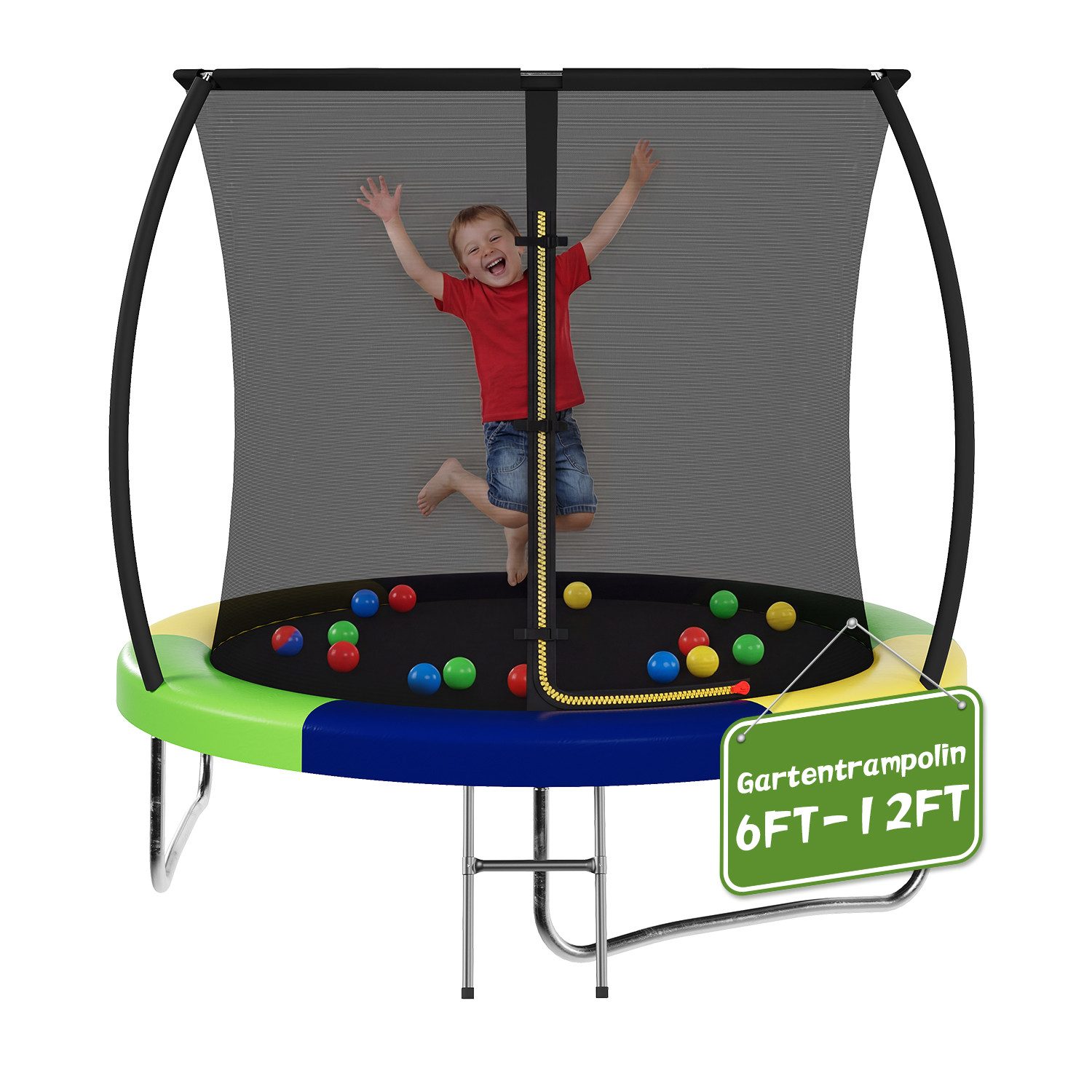 GUNJI Gartentrampolin Durchmesser 183/222/290/360 cm, Kindertrampoline Outdoor-Trampoline, Ø 222 cm, (Ausgestattet mit Sicherheitsnetz, Leiter und 360 -Gelander, maximale Tragkraft 120 kg)