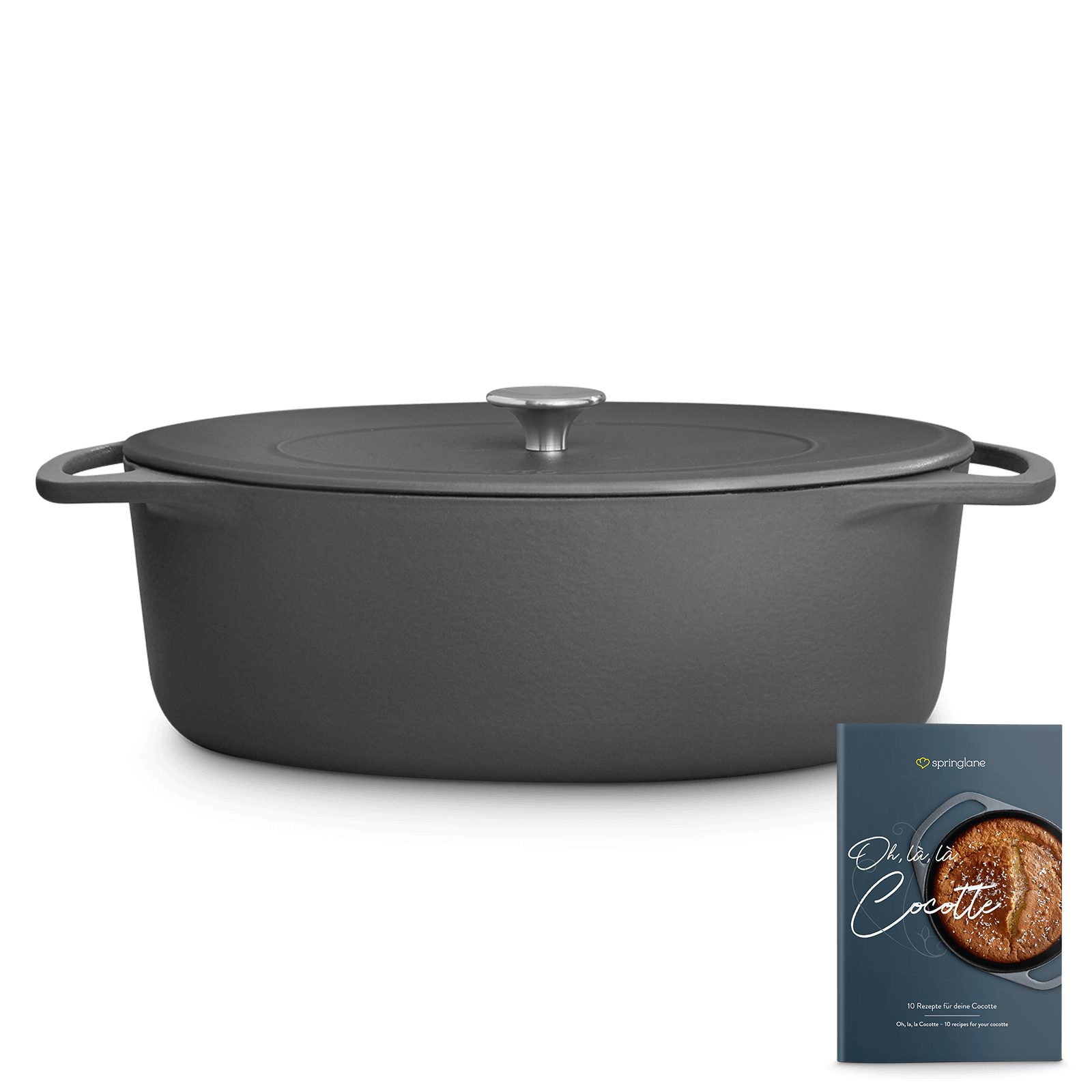 Springlane Bräter Cocotte Grau mit Deckel, Gusseisen, 6,5 L, Ø 33cm, Oval, Gusseisen emailliert, Ideale Feuchtigkeitsverteilung durch Tropfenstruktur