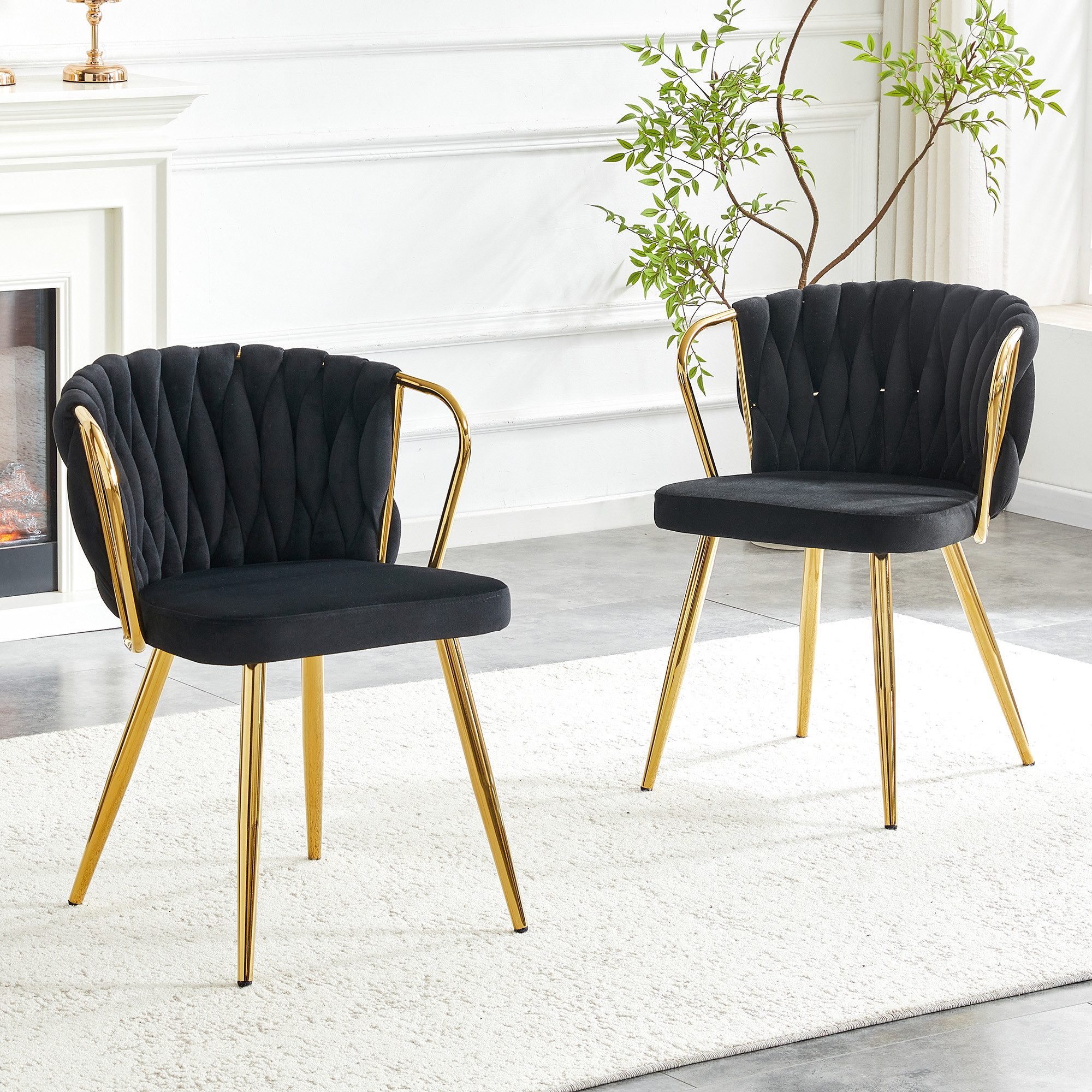 STILVORA Esszimmerstuhl Polsterstuhl Relaxsessel mit Samtbezug und Metallbeinen (Geflochtene Rückenlehne, Goldfinish, Schaumstoffpolster, bequem), für Esszimmer, Büro, Café, Restaurant und Wohnbereich