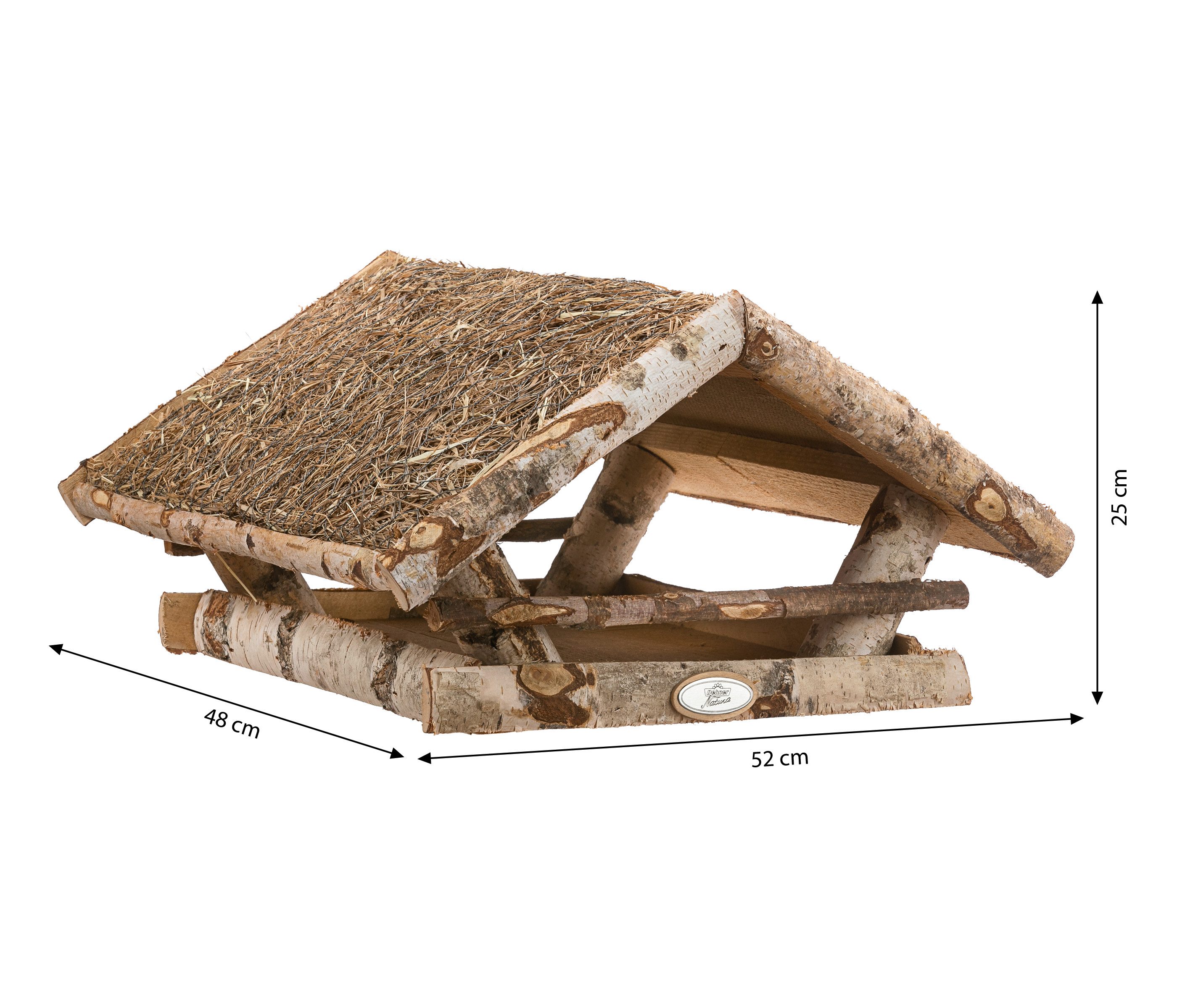 Dehner Vogelhaus Natura Futterhaus für Wildvögel, 130 x 112 x 108 cm, Birkenholz/Heu, Vogelhaus mit Heudach, inkl. passendem Ständer