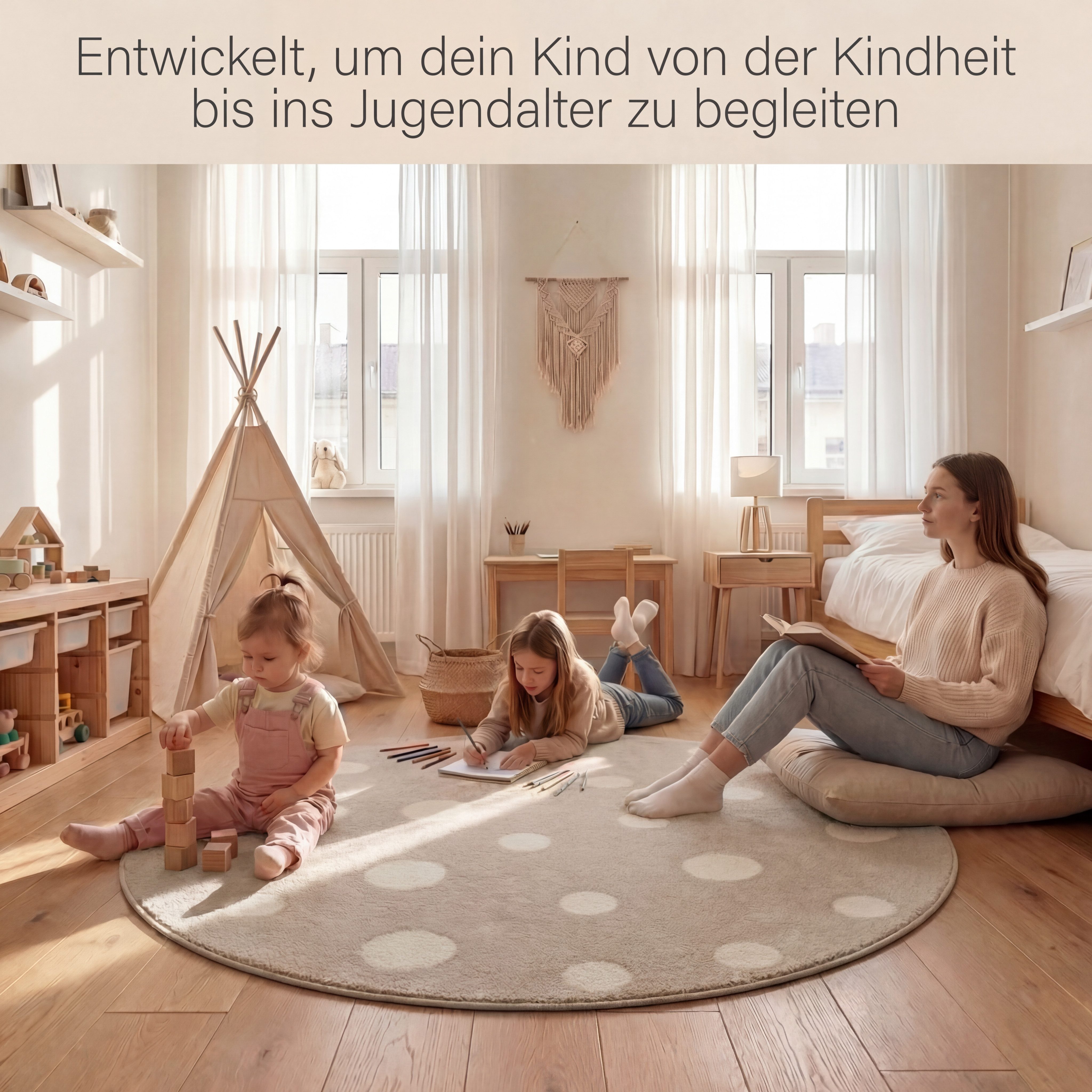 Jimri Kinderteppich DOT´S Teppiche für Kinderzimmer, Kinderzimmerteppich, Teppich, Rund, Regenbogen