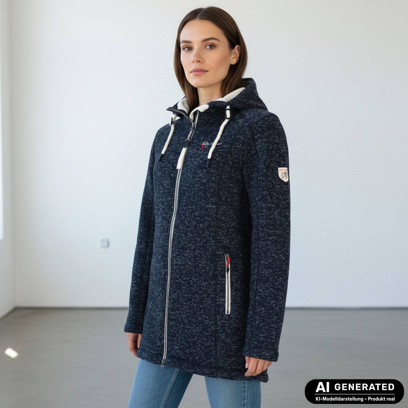 Dry Fashion Wollmantel Amsterdam Damen Wollfleece-Mantel - Fleecemantel Fleecejacke Meliert Windabweisend, 2-Wege-Reißverschluss, Kapuze, Reißverschluss-Taschen