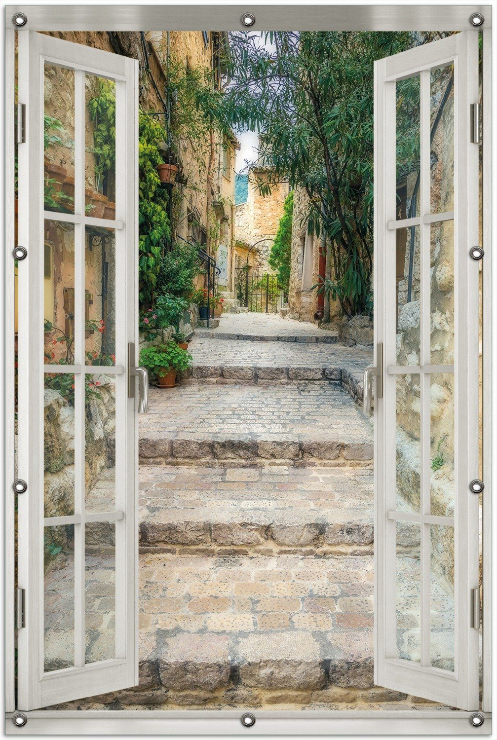 Wallario Sichtschutzzaunmatten Alte steinerne Gasse in Südfrankreich, mit Fenster-Illusion