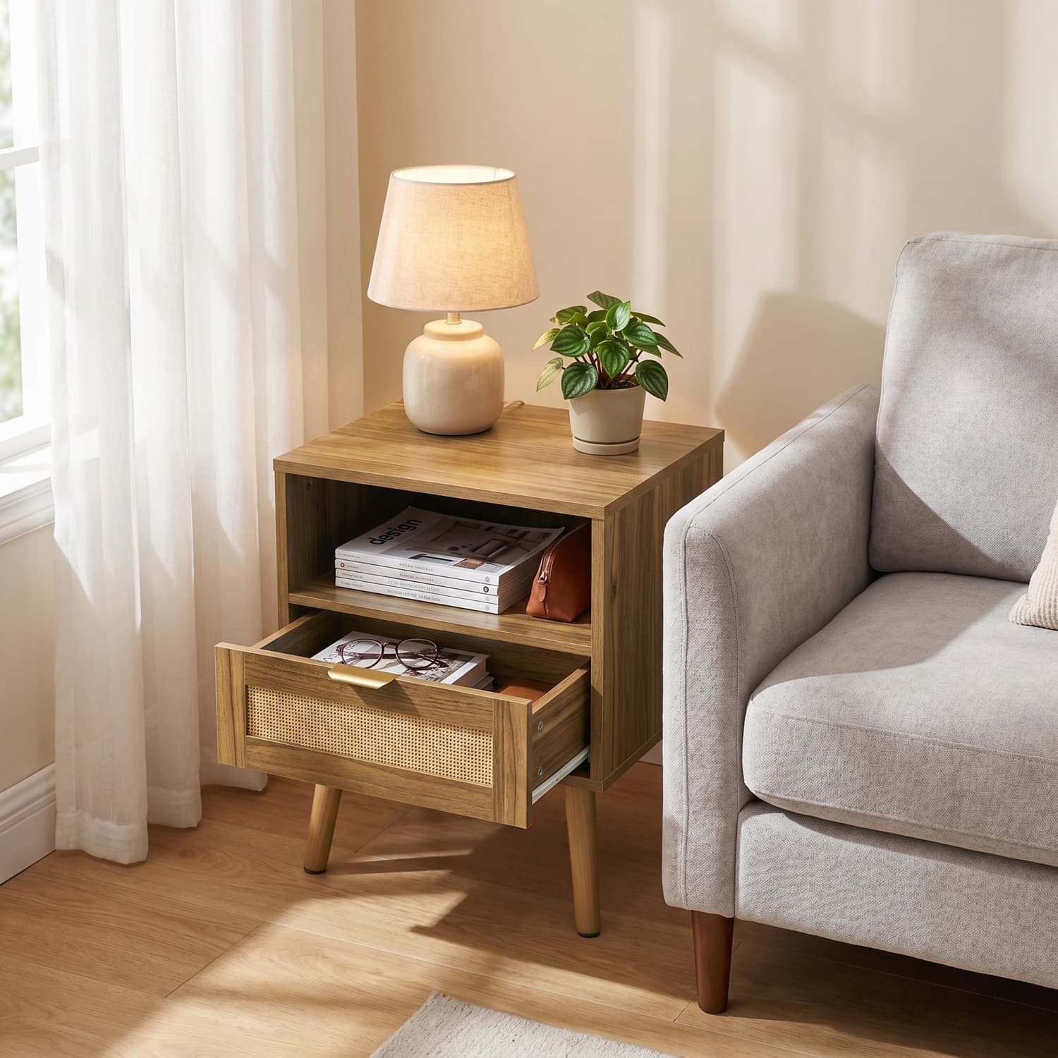 ANYSUN Nachttisch Nachtkommode Rattan mit Schublade,Offenem Fach,Goldgriff, Walnussoptik (1-St)Mid-Century Nachtkonsole für Schlafzimmer,Wohnzimmer,Heimbüro), B – Bild 4 von 5
