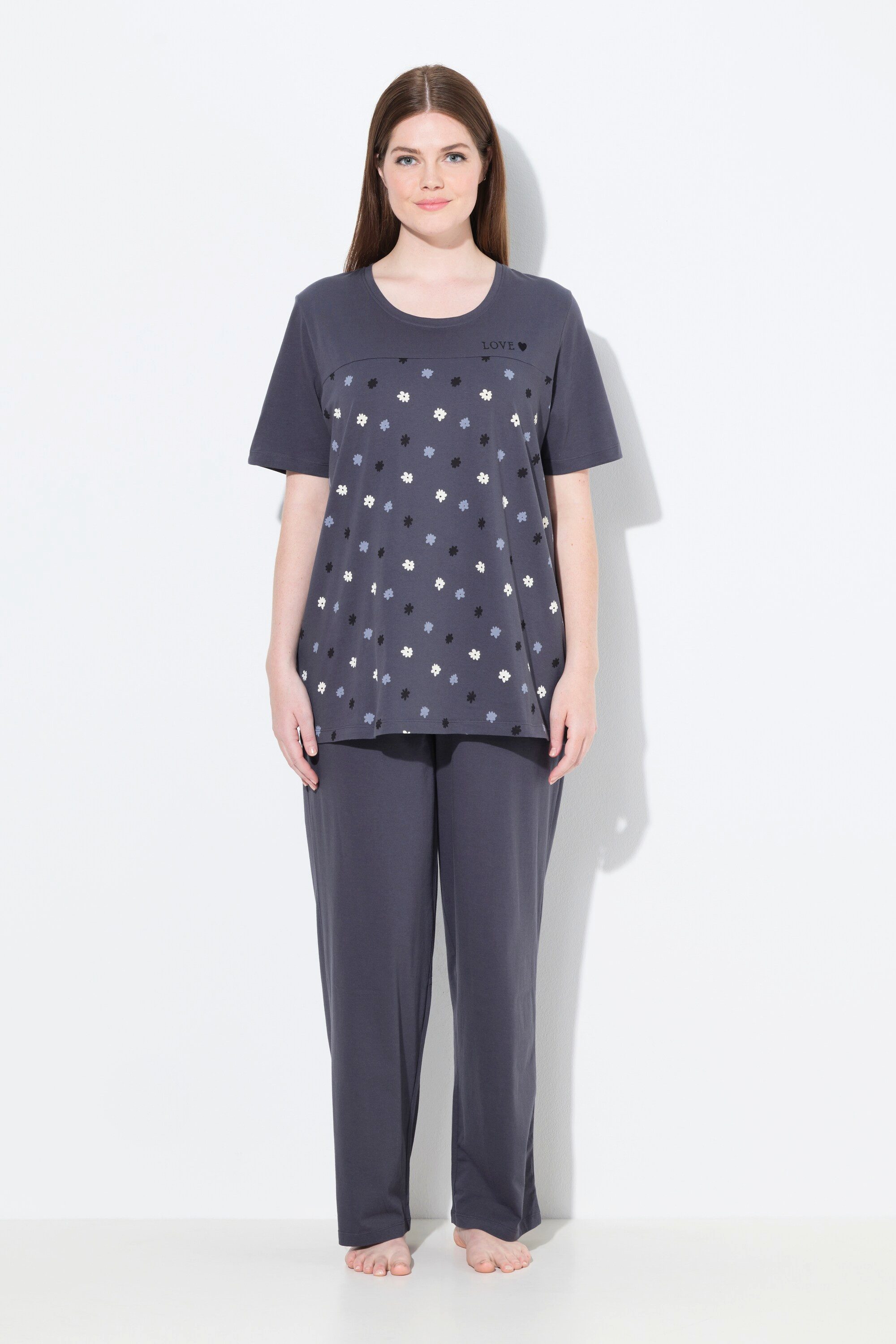 Ulla Popken Pyjama Pyjama Blüten Stickerei Rundhals Halbarm