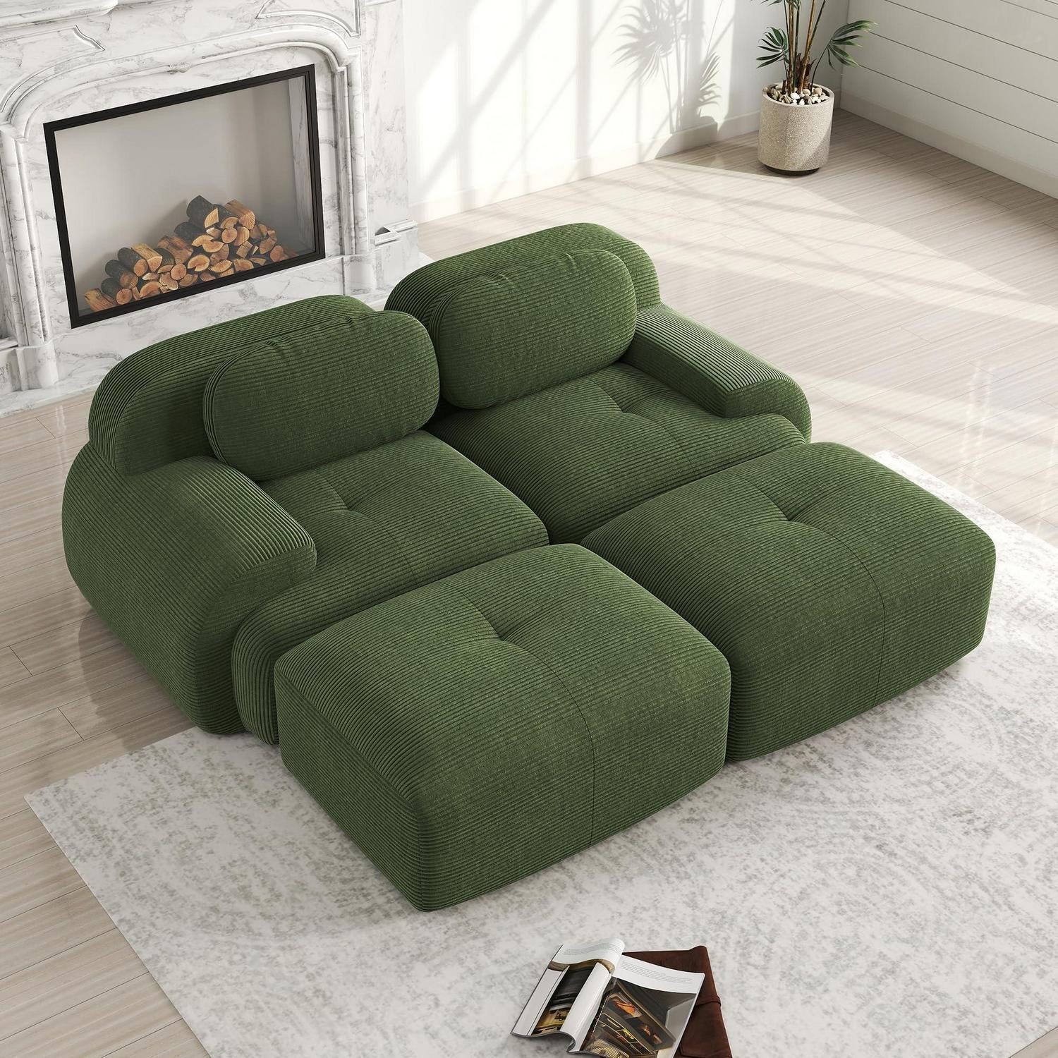 LuxusKollektion Ecksofa Sofa 2-4 Sitze Cord Stoff Couch Wohnzimmer Grün C-(2 Sitzer +2 Hocker)