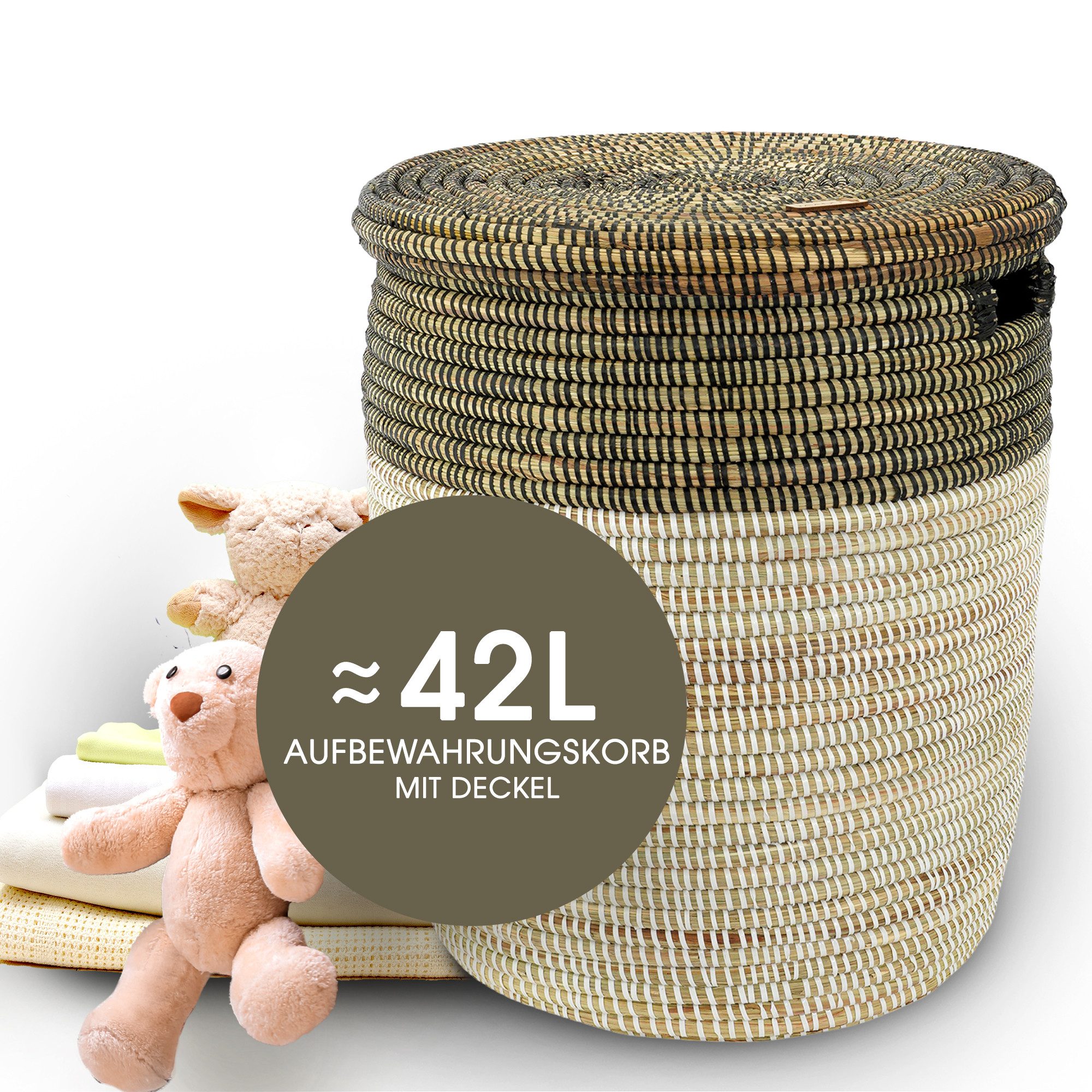 YAADU Aufbewahrungskorb mit Deckel 42L, Korb für Kinderzimmer, Wäschekorb geflochten