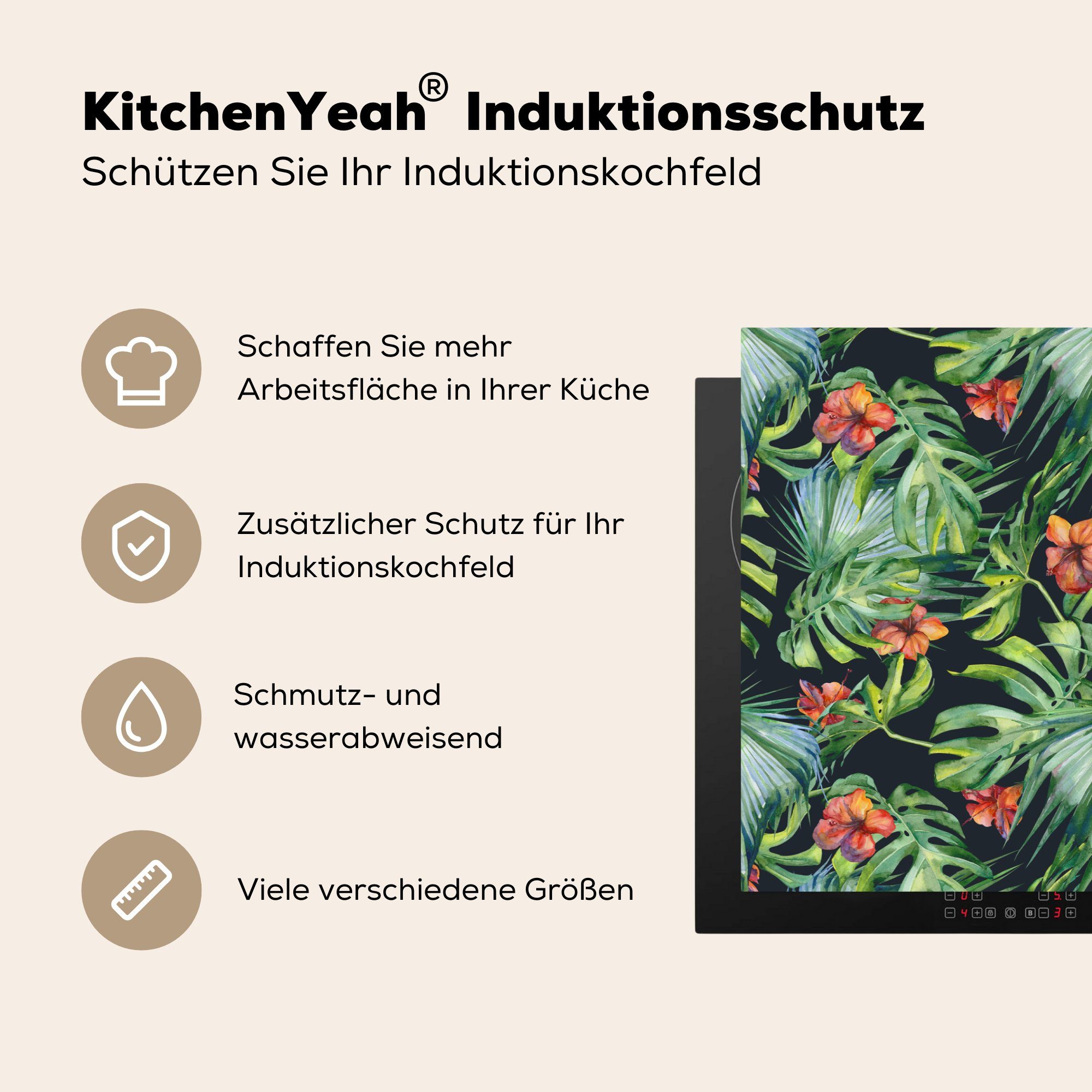 cm, (1 Vinyl, - Blumen MuchoWow die - Ceranfeldabdeckung küche, Tropisch Herdblende-/Abdeckplatte für Induktionskochfeld - tlg), Blätter Schutz Dschungel, 81x52