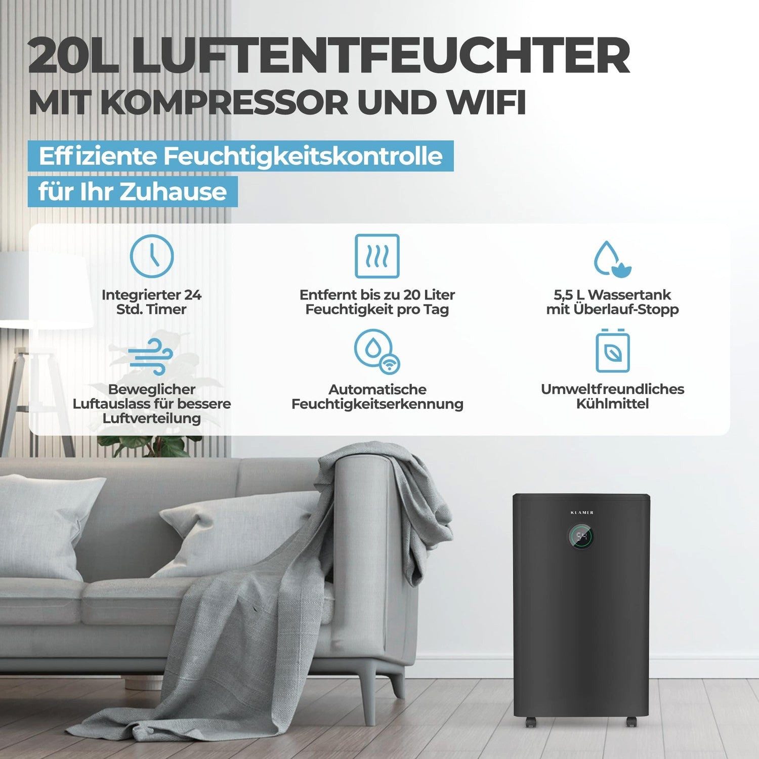 KLAMER Luftentfeuchter elektrisch 20L, 180m³ Luftumwälzung pro Stunde, 440W starker Raumentf…, Entfeuchtung 20 l/Tag, Timer 1-24h, diverse Modi, Nachtmodus, Feuchtigkeit in 5%-Schritten