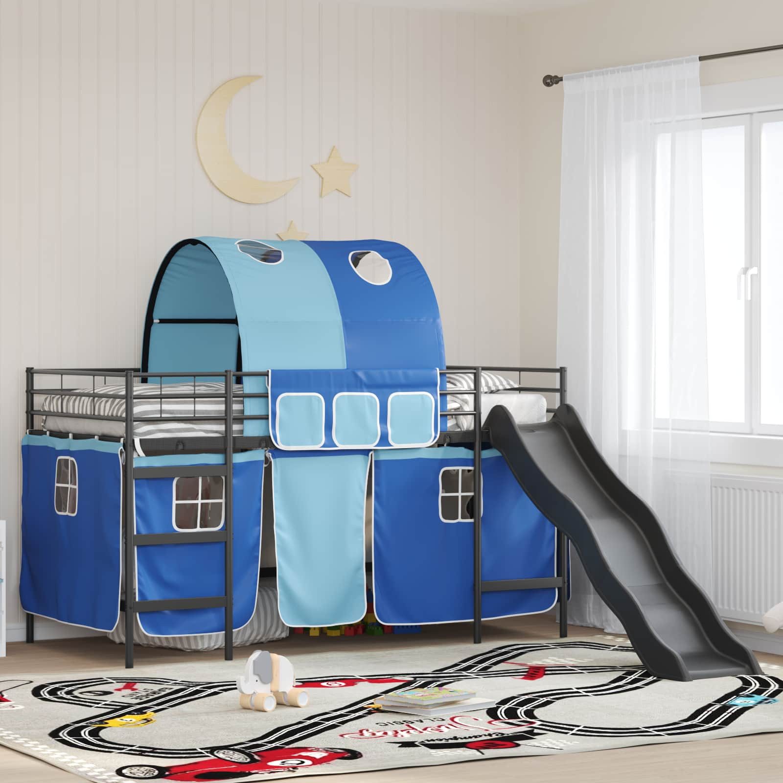 vidaXL Bett Etagenbett für Kinder mit Vorhängen Uni Schwarz und Blau Metall (1-tlg)