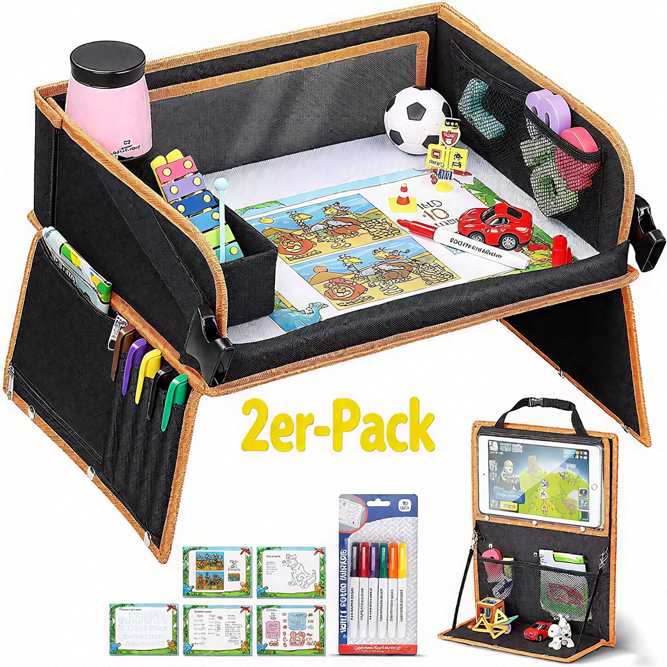 POPOLIC Spieltisch Doppelfunktion Kinder Reisetisch, Knietablett Reisetisch, (Auto Rückenlehnenschutz) mit Transparenter Zeichnungsfilm, 2-tlg), 5 Zeichnungsplatten und 6 Farbpens - Schwarzes