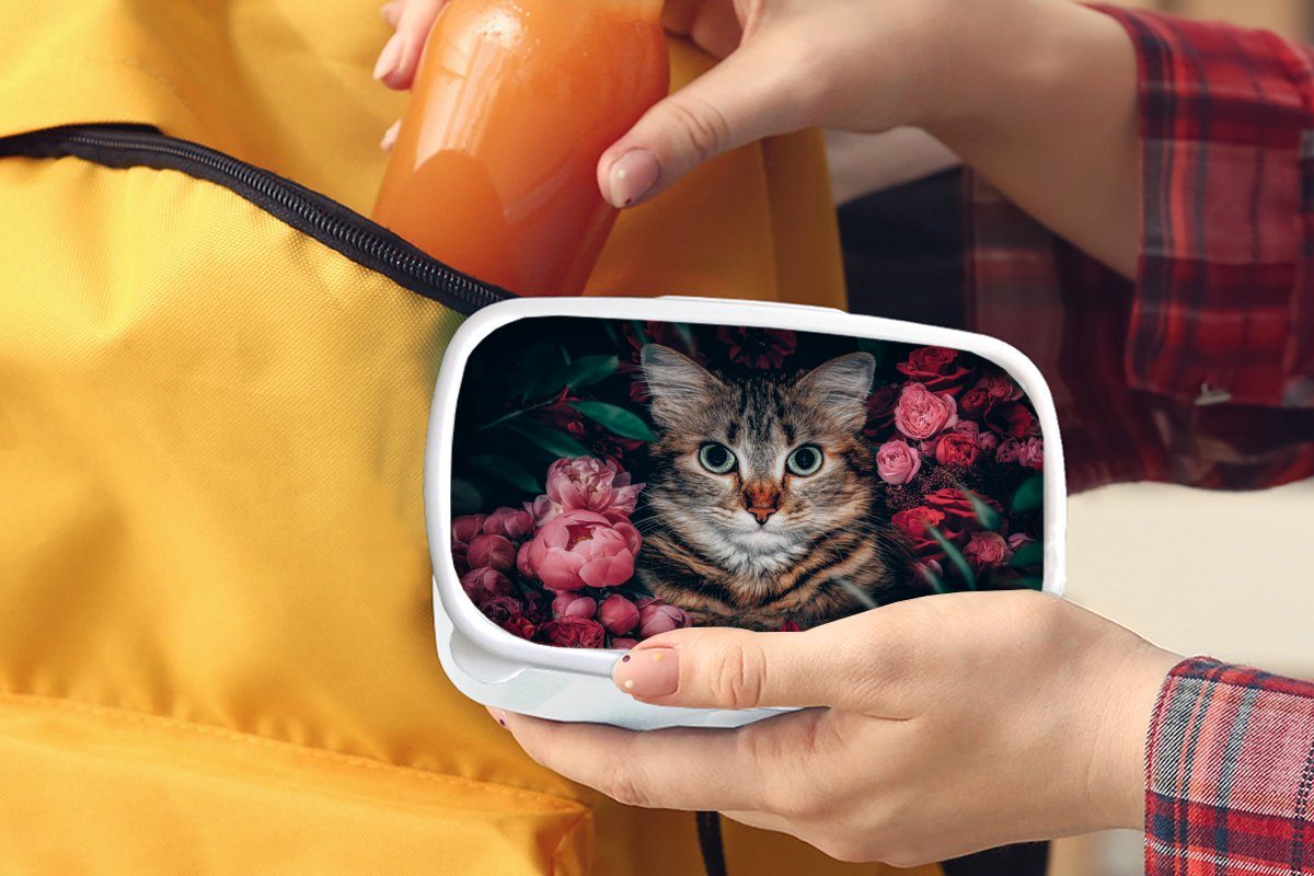 MuchoWow Lunchbox Katze und für Jungs Mädchen Botanisch, - - Brotbox Erwachsene, und Blumen - weiß Tiere Brotdose, Kinder (2-tlg), für Kunststoff