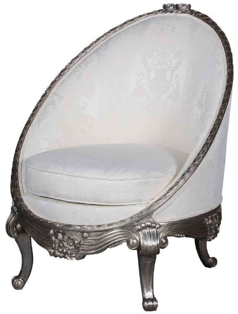 Casa Padrino Sessel Luxus Barock Sessel Weiß / Silber 80 x 87 x H. 100 cm - Edler Wohnzimmer Sessel in Eiform - Barock Wohnzimmer Möbel