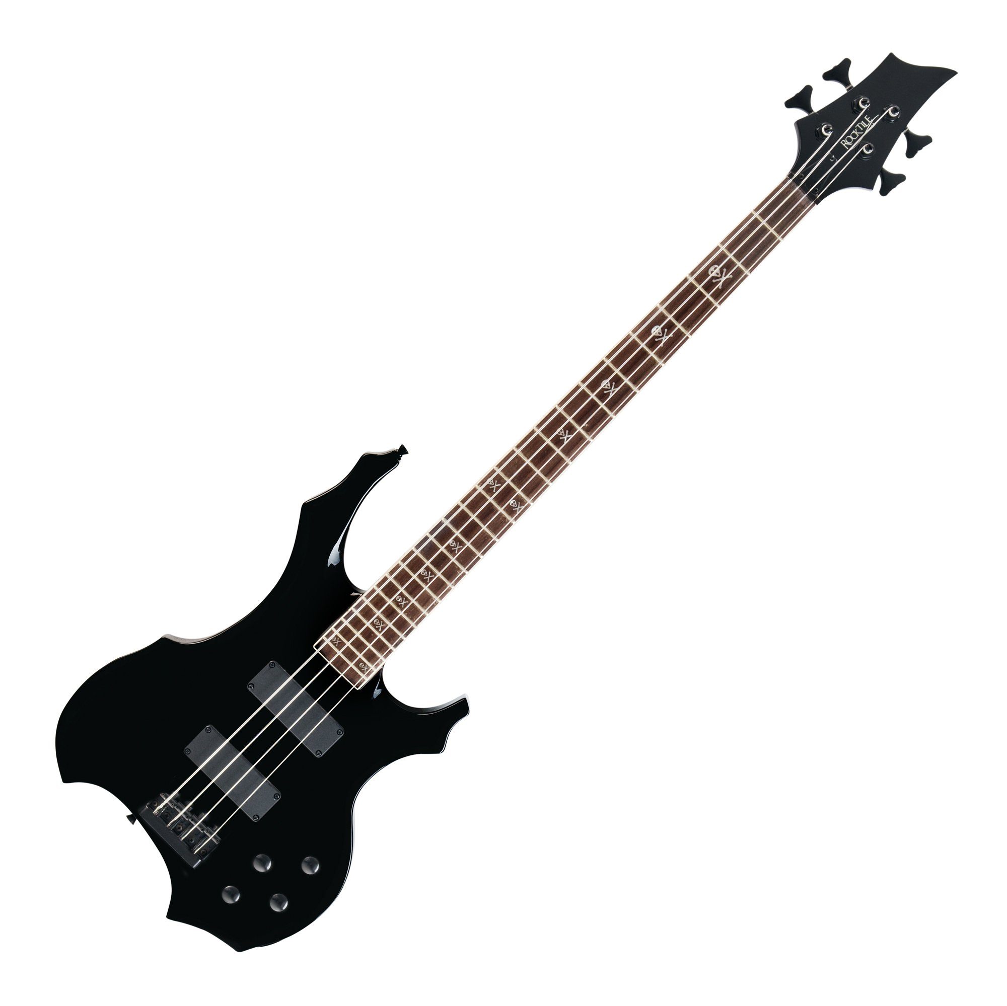Rocktile E-Bass Pro BB104-B BattleBone Bassgitarre, Heavy-Design, Skull Dots Inlays - 2 Humbucker Tonabnehmer