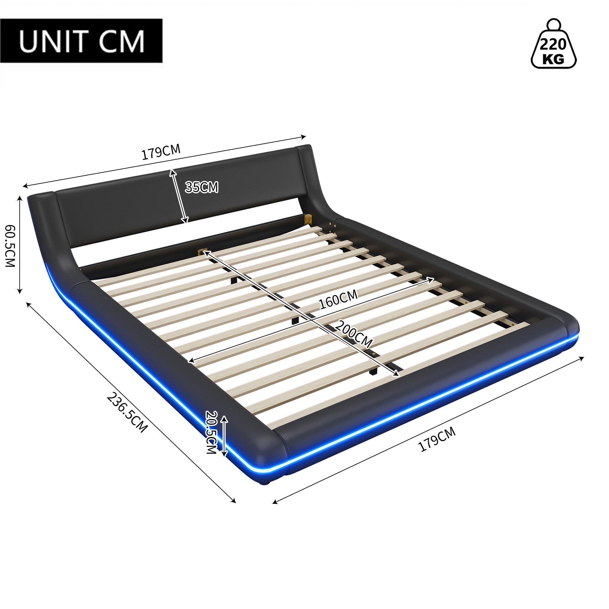 Ulife Polsterbett modern Design Doppelbett mit LED-Umgebungslicht Lattenros günstig online kaufen