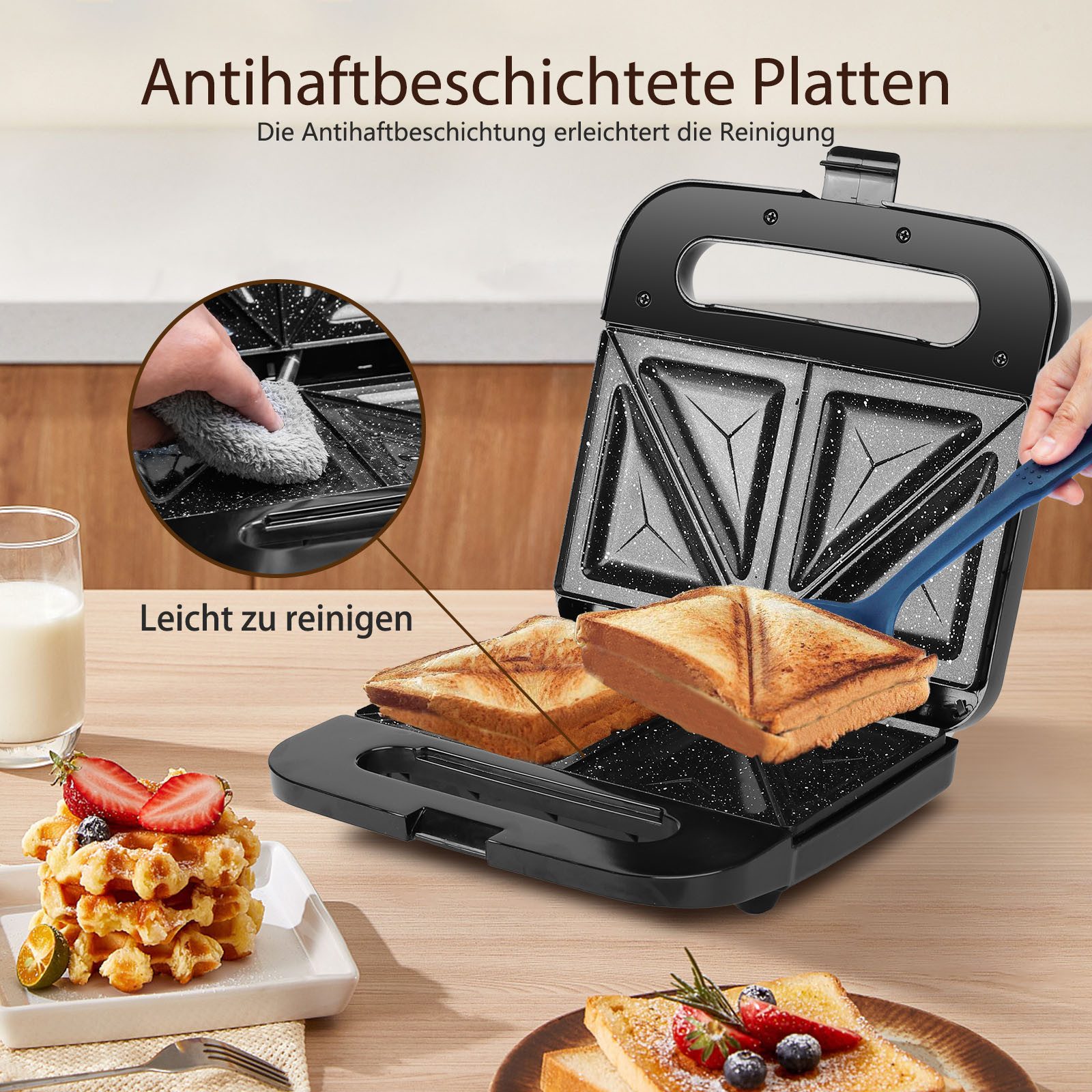 Aigostar Sandwichmaker Sandwichtoaster mit Antihaft-Keramikbeschichtung, Praktisch und Sicher, 800,00 W, Schnelles und Gleichmäßiges Aufheizen, Hochhitzebeständiges Gehäuse