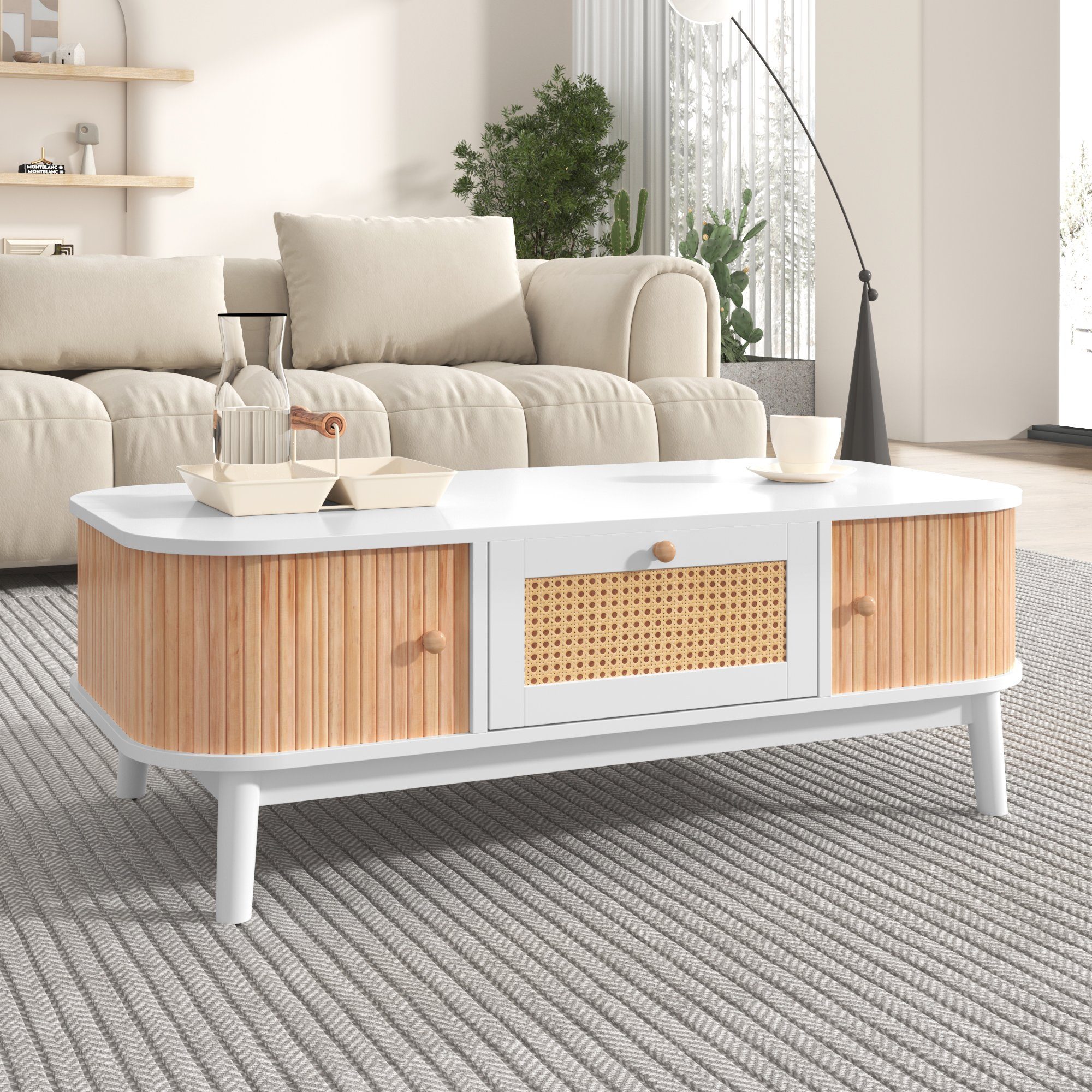 HAUSS SPLOE TV-Schrank Couchtisch Kaffeetisch Sofatisch Rattan-Couchtisch (Rattan-Kaffeetisch, Schubladen mit Rattan und Schiebetüren mit Massivholzlatten) Massivholzbeine, Natürlicher Landhausstil.