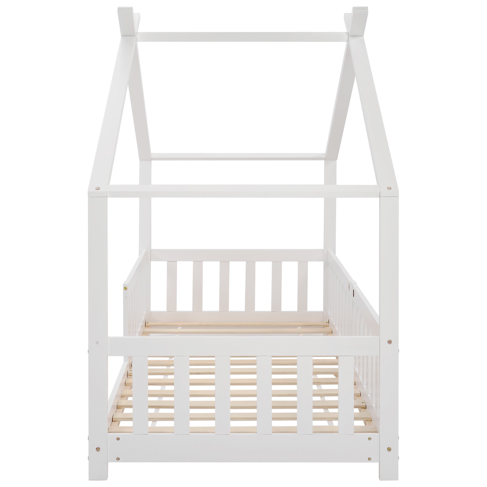 Weiß Schönes Hausbett Kinderbett 200x90cm Vollholz mit Zaun und Lattenrost mit Rausfallschutz für Kinder 