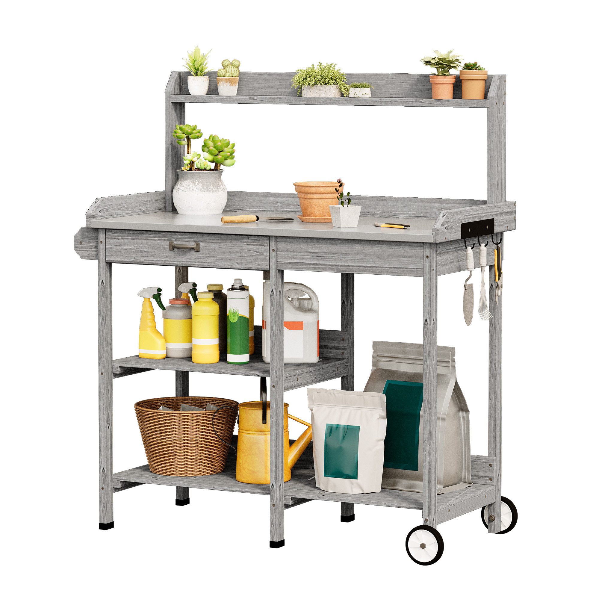 Bealife Garten-Geräteschrank Pflanztisch,Gärtnertisch,Pflanzenarbeitsplatz,Pflanzenregal Mit Rollen, (Set), mit Schubladen, Ablagefläche und Haken,108 x 43 x 120 cm