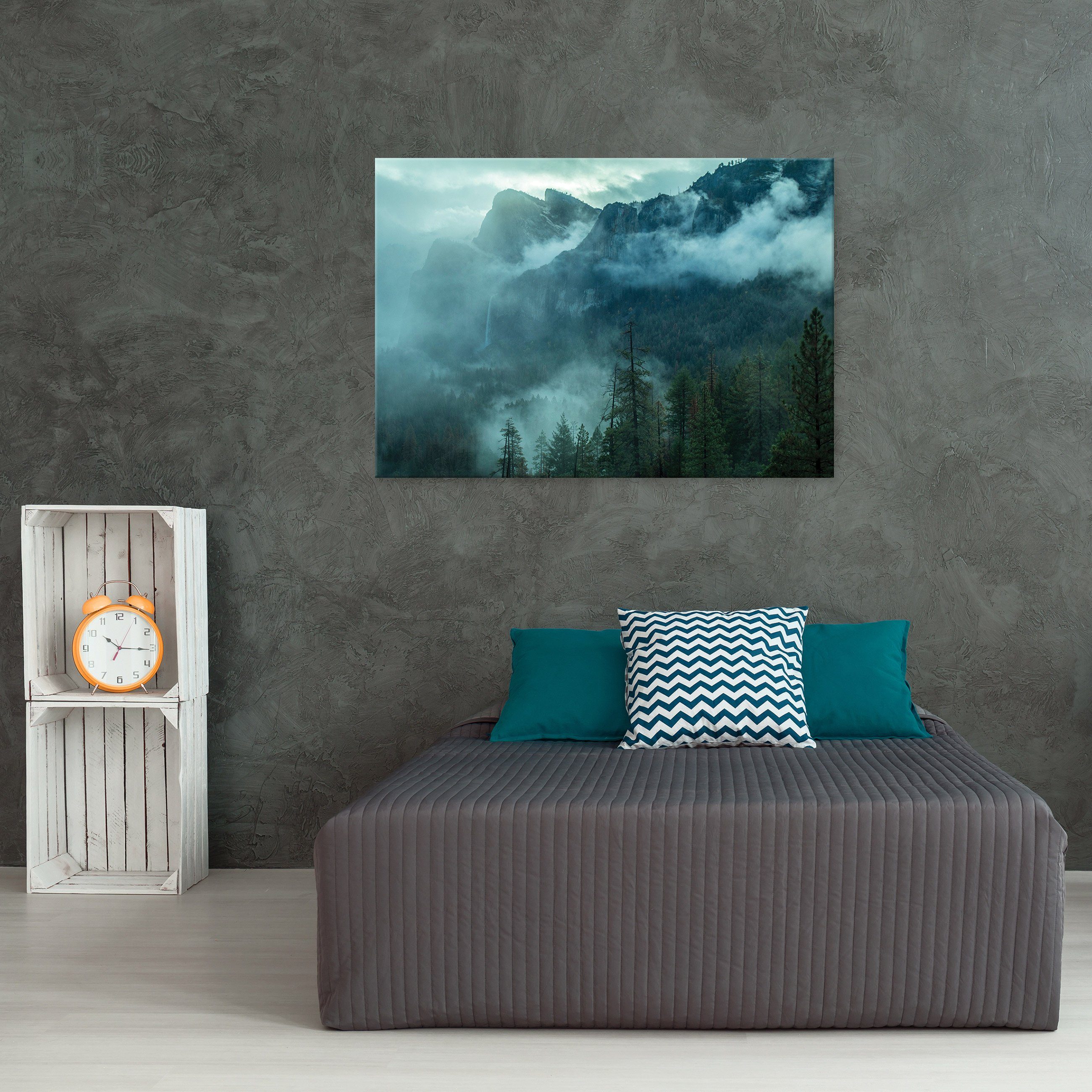 Nebel Landschaft Natur Aufhängefertig XXL (Einteilig), Leinwandbild Kunst im Berge Wandbild Wallarena Modern, Wald Leinwandbilder