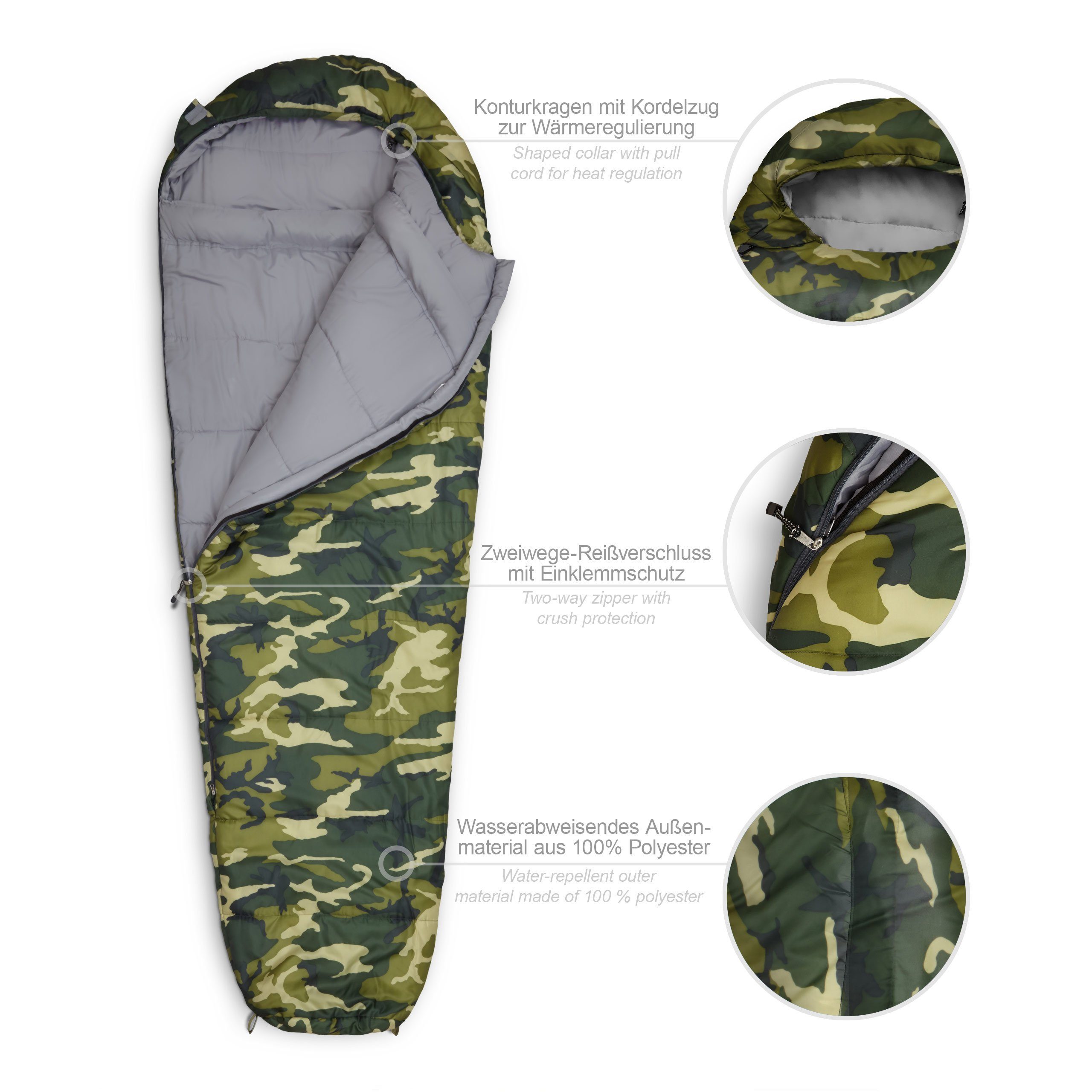 Mumienschlafsack Camping atmungsaktiv camouflage mit 230x80x55 Lumaland Schlafsack Wärmekragen grün wasserabweisend Tomorrow Tasche, Where