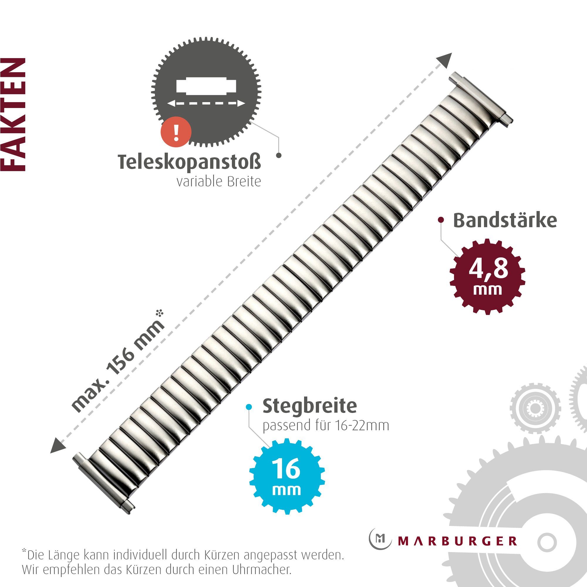 MARBURGER Uhrenarmband 16, 17, 18, 19, 20mm Edelstahl Silber Zugband