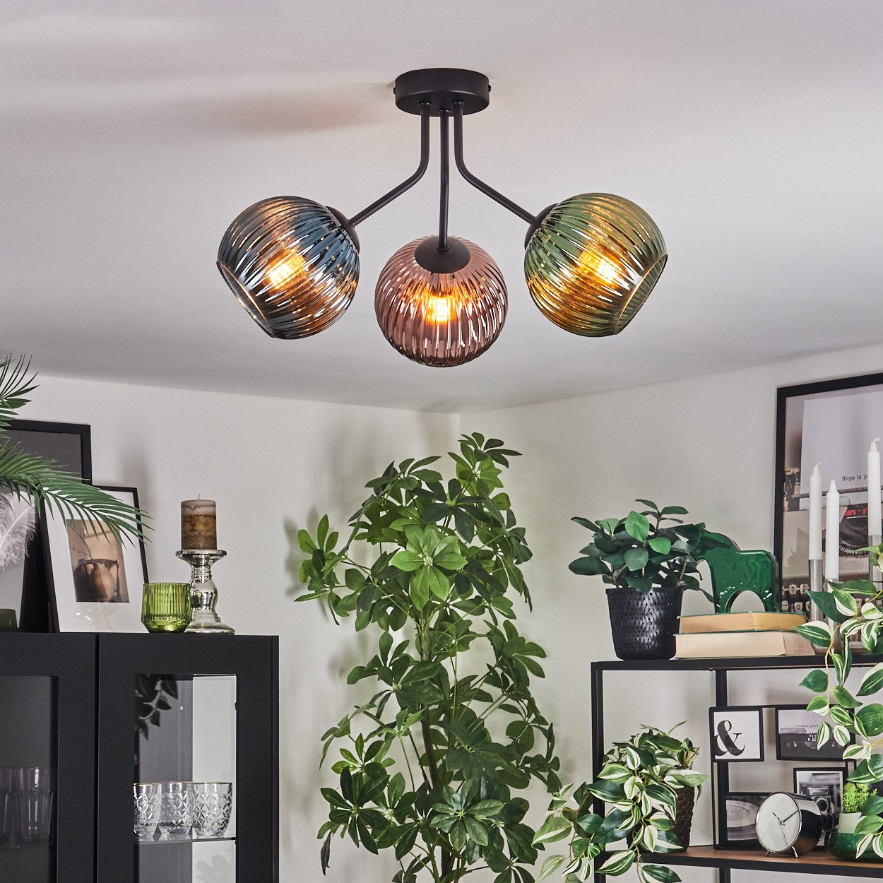hofstein Deckenleuchte Deckenlampe aus Metall/Riffelglas in Schwarz/Kupferfarben/Blau/Grün, Deckenleuchte im Retro/Vintage-Design (Schirme Ø 15 cm), 3 x E14