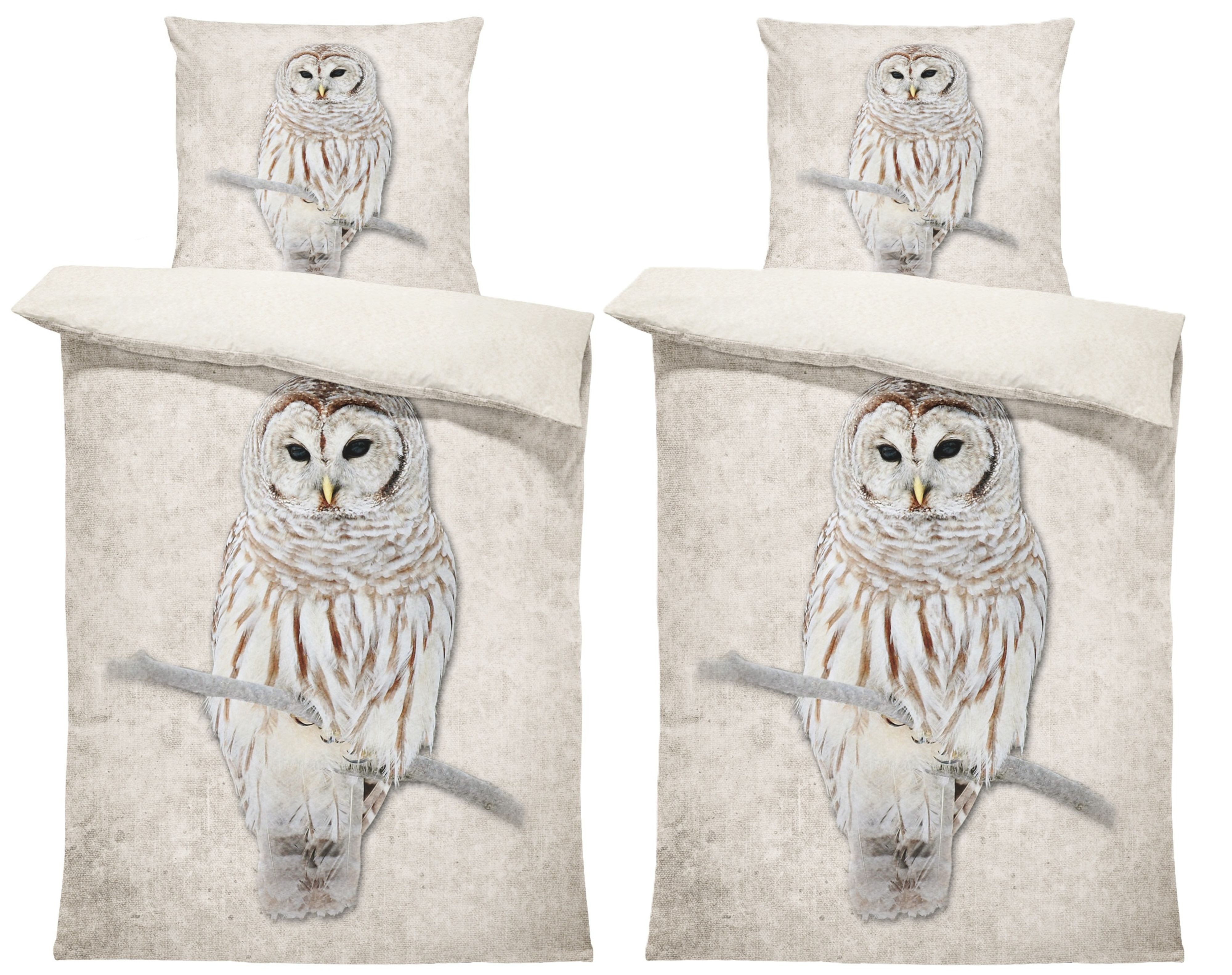One Home Bettwäsche Winter Thermofleece, Fleece, 4 teilig, Eule Natur Tiermotiv, kuschelig flauschig warm weich Modern