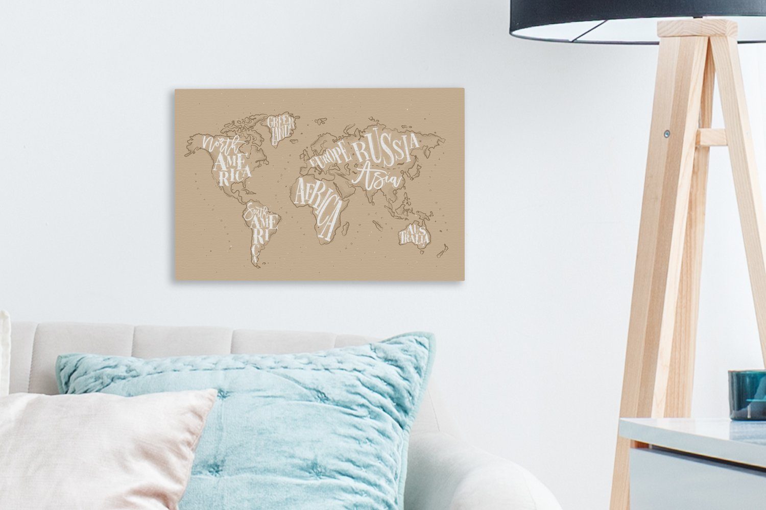 OneMillionCanvasses® Leinwandbild Weltkarte - - Aufhängefertig, Wanddeko, Weiß, Wandbild Leinwandbilder, 30x20 St), cm (1 Buchstaben