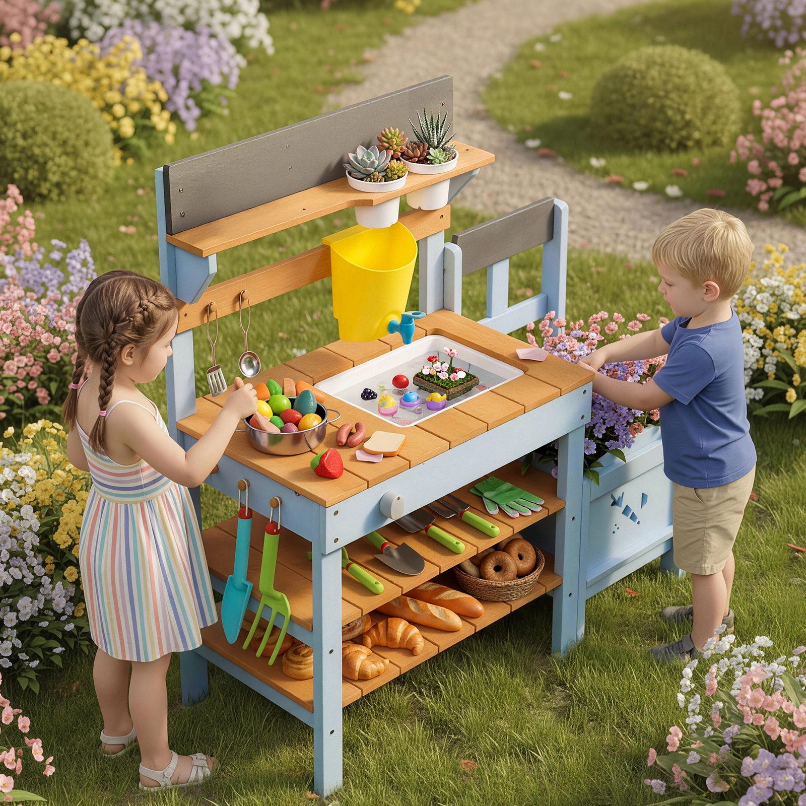 LALAHO Outdoor-Spielküche Matschküche Gartenküche,Spielküche mit Spüle, Kochfeld,Pflanzkasten, Kinderküche Gartenküche für Kinder ab 3 Jahren