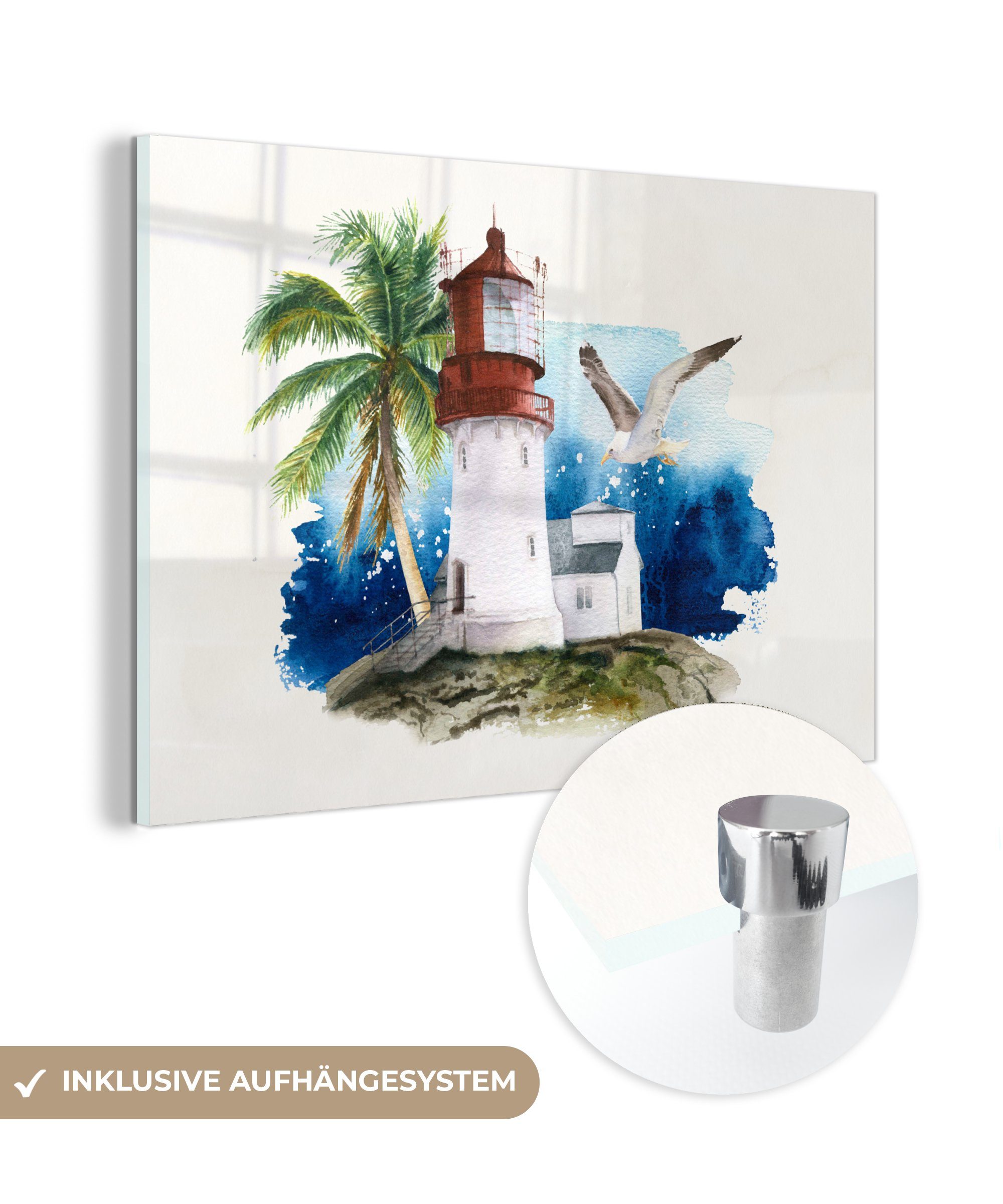 MuchoWow Acrylglasbild Leuchtturm - Palme - Vogel - Meer, (1 St), Acrylglasbilder Wohnzimmer & Schlafzimmer | Bilder