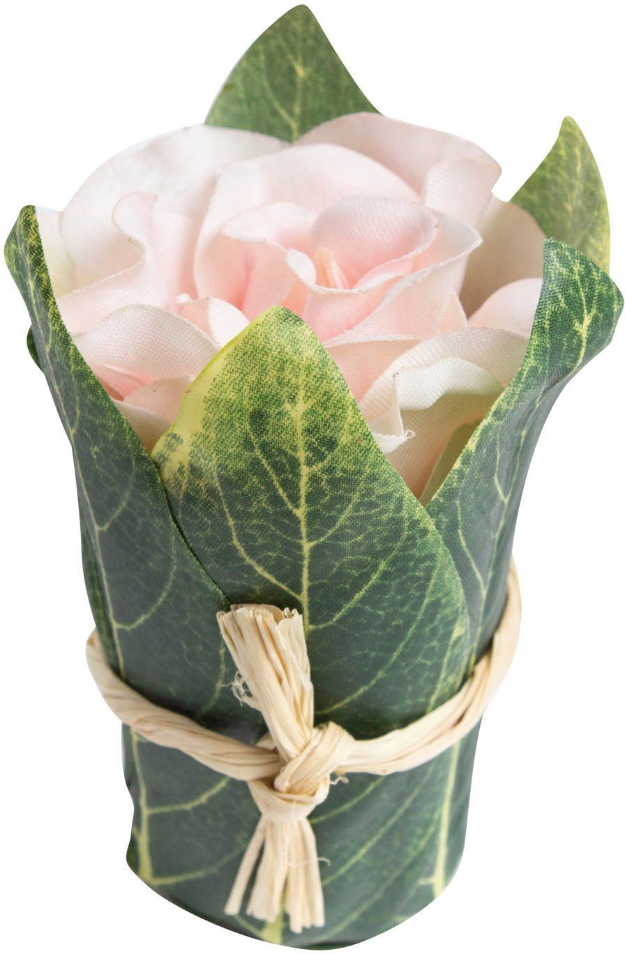Kunstblume Rosenarrangement mit Blättern umwickelt, Botanic-Haus, Höhe 10 cm
