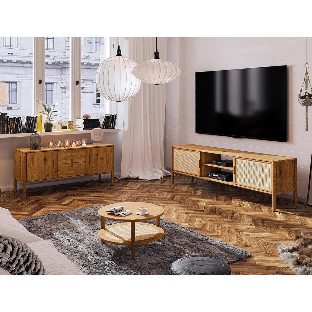 Lomadox Wohnzimmer-Set PORI-165, (Mega-Spar-Set, 3-St., Sideboard Lowboard Couchtisch), Wildeiche massiv geölt, Rattangeflecht, Echtholz/Massivholz