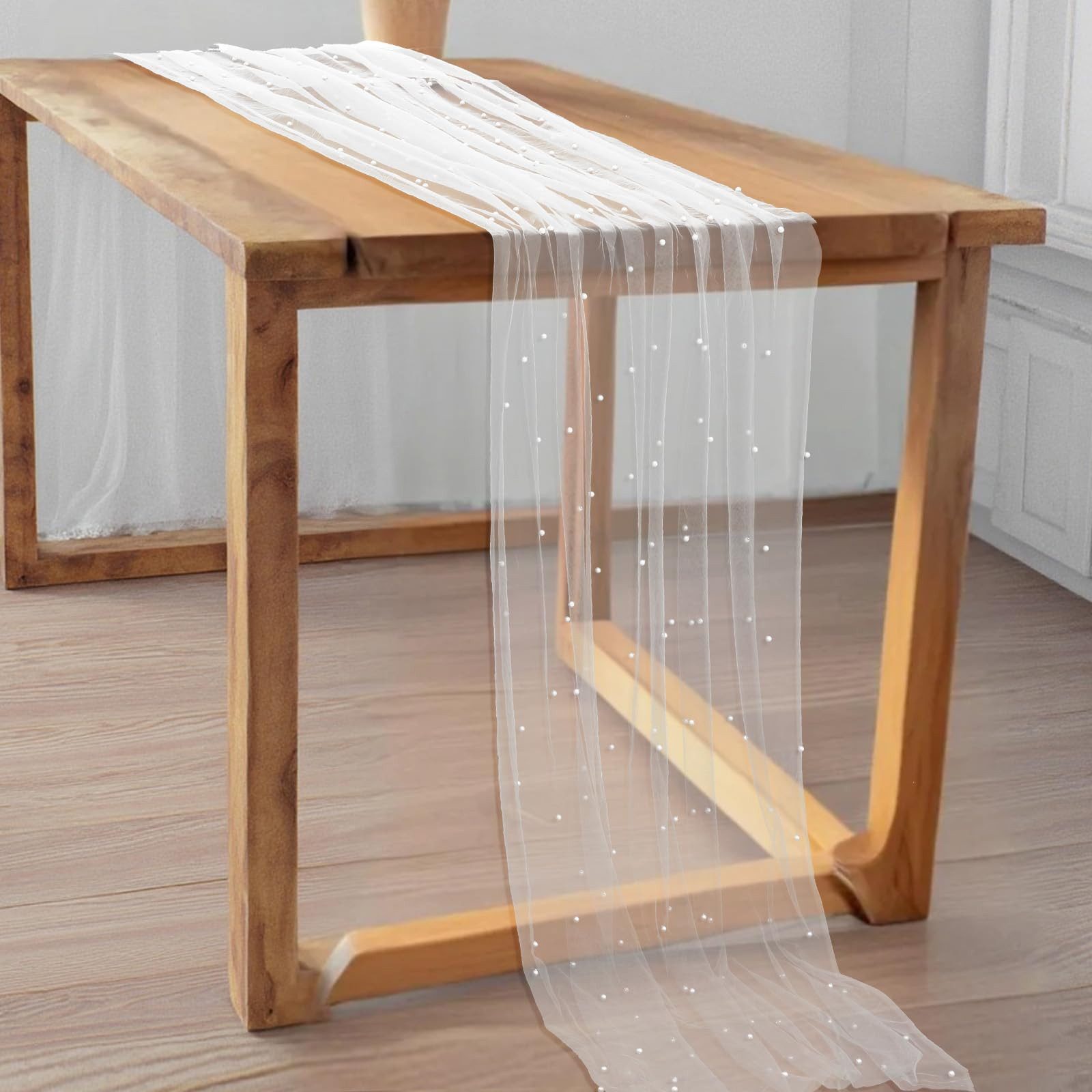 FOUORTUNATE-BEE Tischläufer Tischläufer aus Tüll mit Perlen 75 x 300 cm, Perlentüll Tischdecke (Tüllstoff Netz Tischband Tischdekoration für Hochzeit, Brautpart – Bild 4 von 5