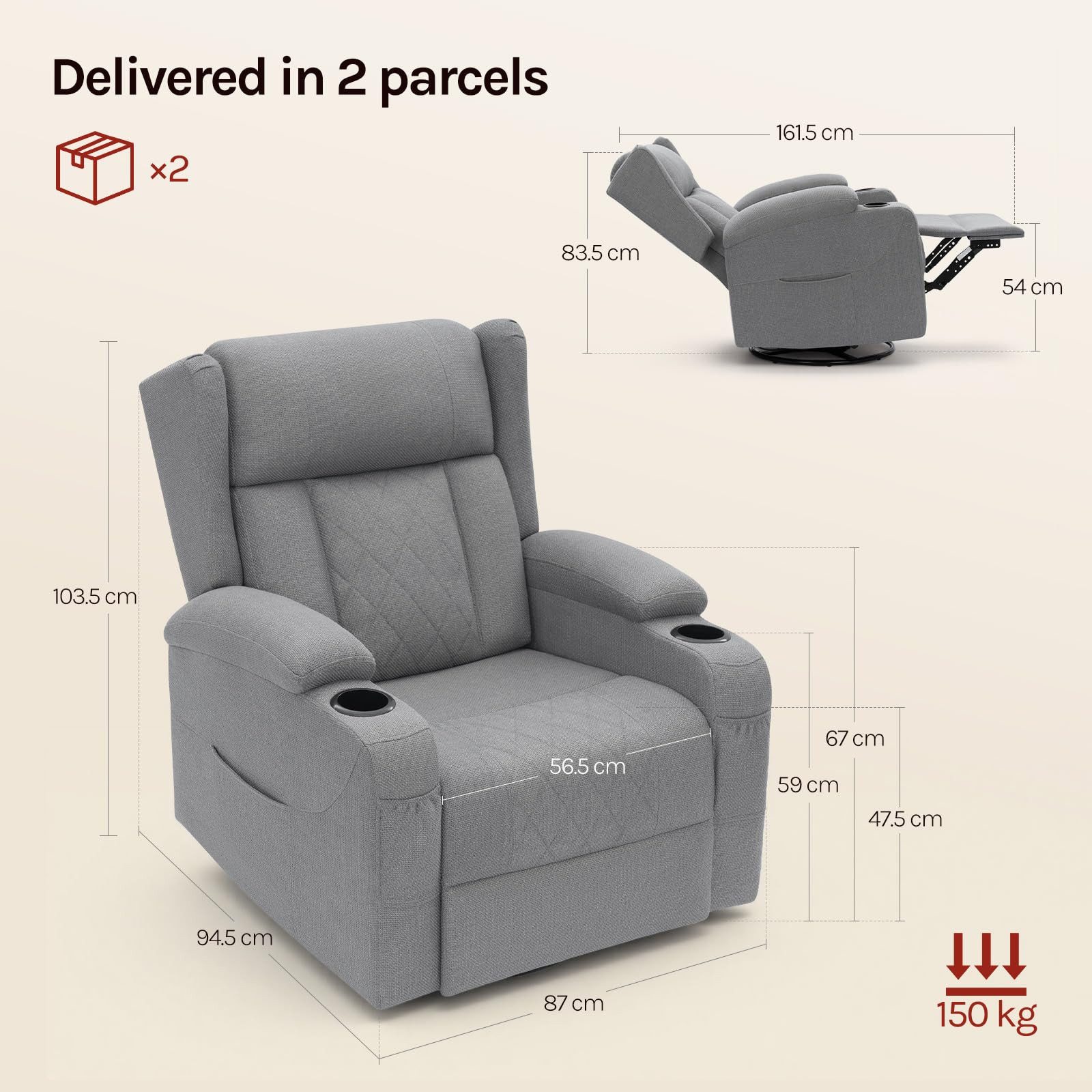 Woltu Relaxsessel, Fernsehsessel mit Liegefunktion,mit Tasche, 360° drehbar, PU