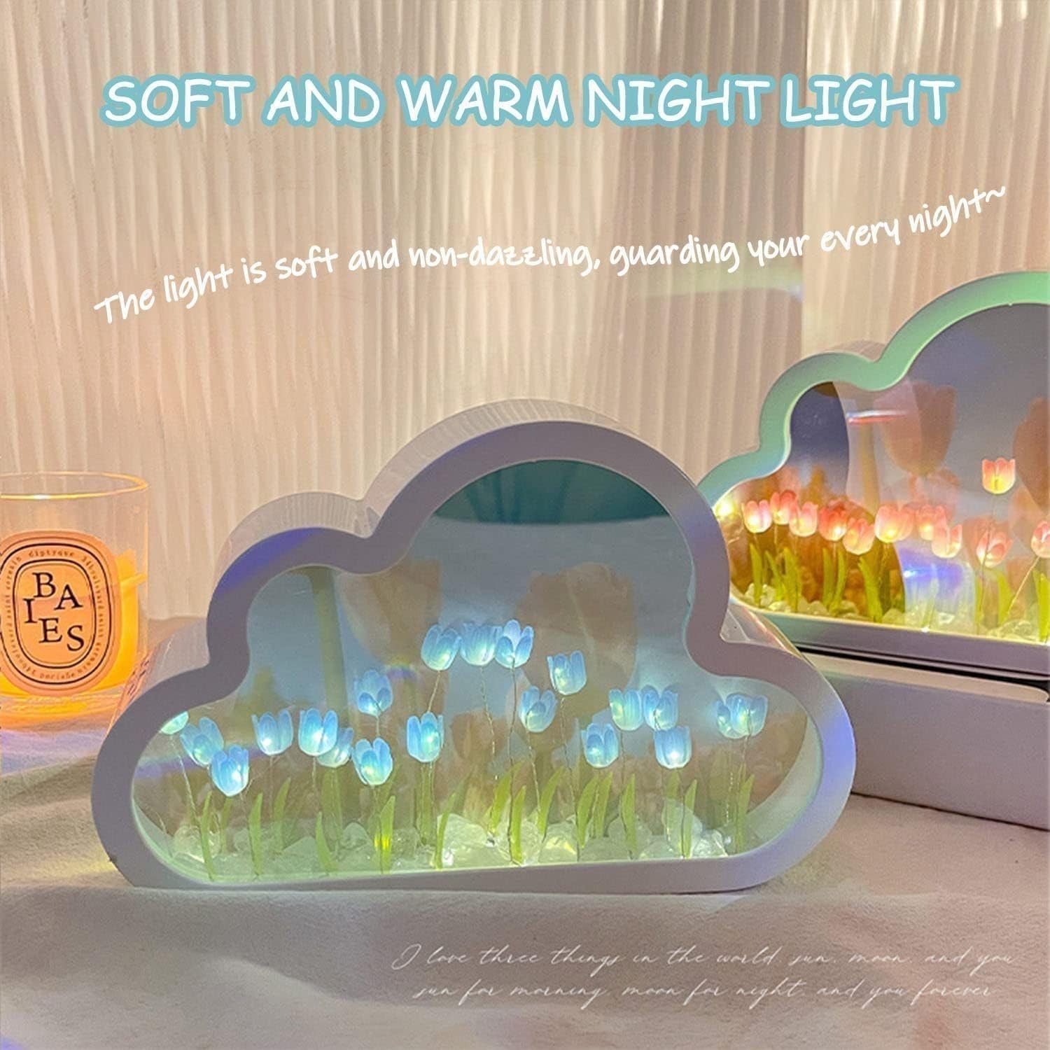 Nachtlampe Blau Wolkenspiegel,Tulpen-Nachtlicht, DOPWii Wolkenspiegel-Tulpenlampe Nachttischlampe
