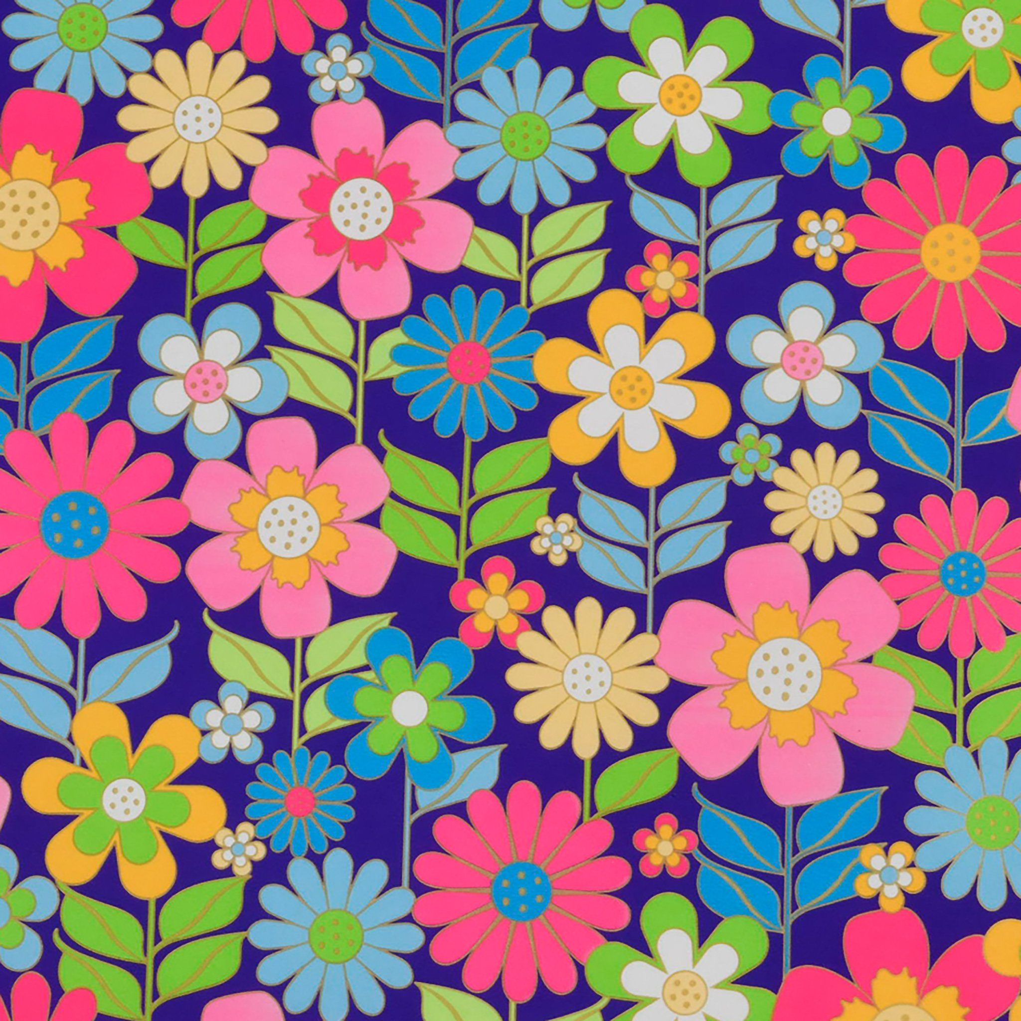 Star Geschenkpapier, Geschenkpapier mit Neon Blumen Motiv 70cm x 2m Rolle Bunt