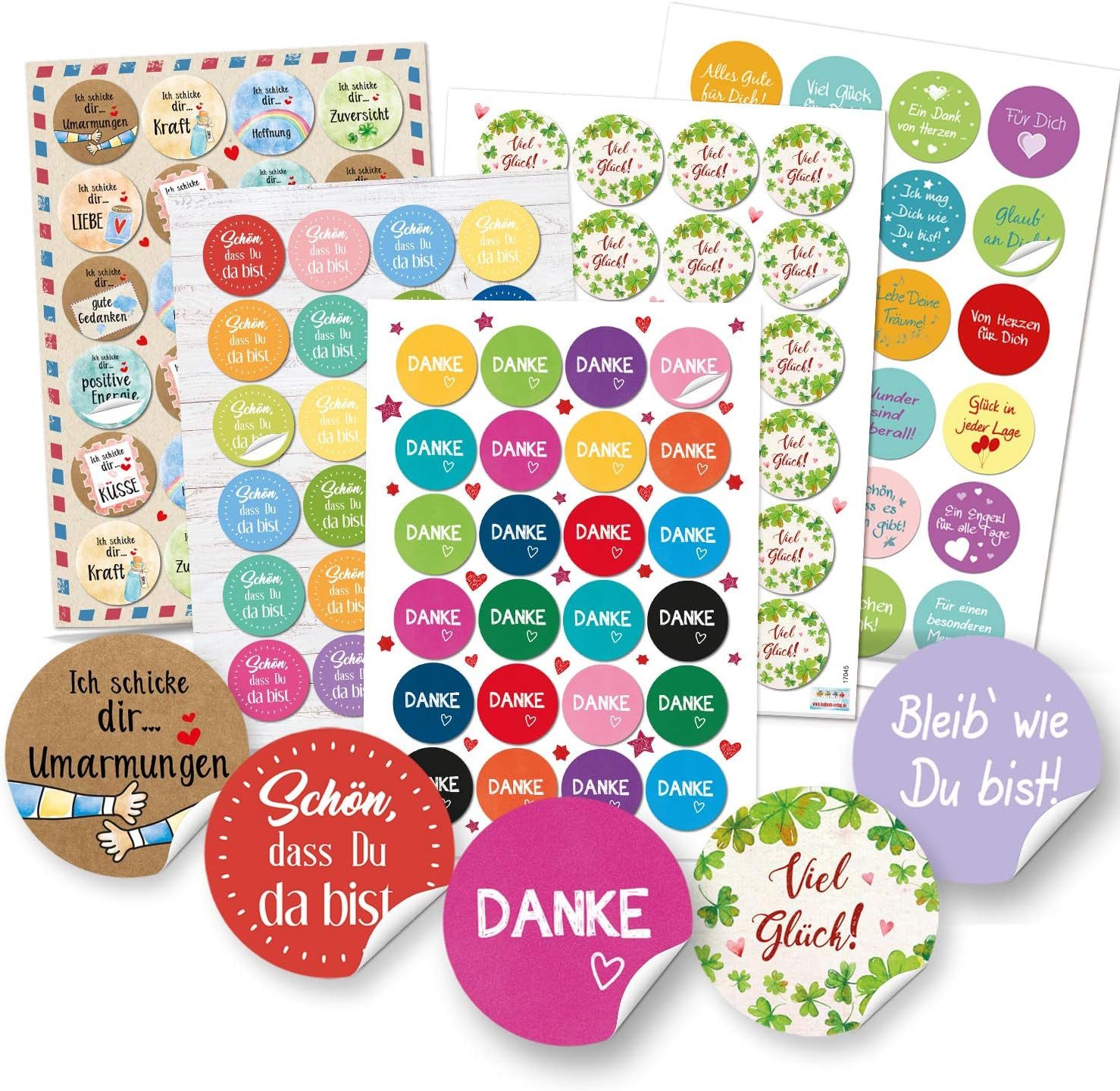 Logbuch-Verlag Aufkleber Buntes Sticker Set - DANKE + VIEL GLÜCK + Sprüche, (Spar-Set, 131tlg), Verzierung Geschenke Verpackung