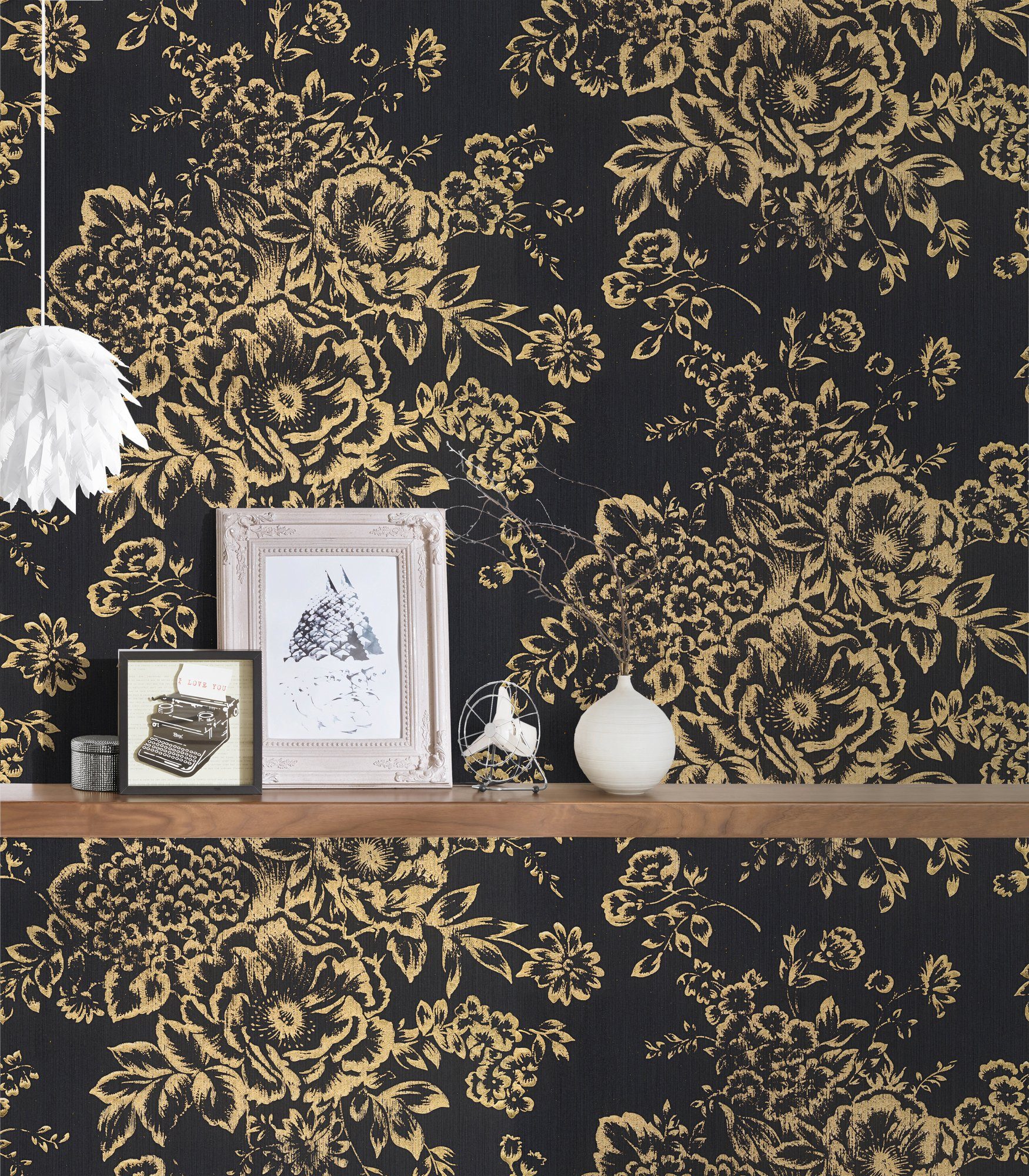 A.S. Création Architects Paper floral, Silk, glänzend, Blumen samtig, Barocktapete Metallic matt, gold/schwarz Tapete Textiltapete