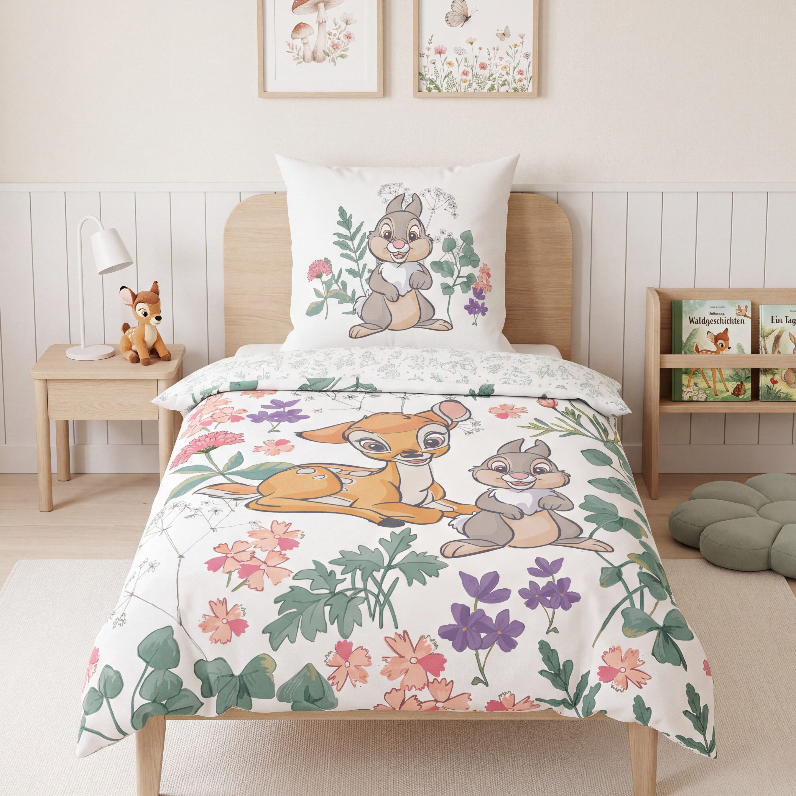 MTOnlinehandel Kinderbettwäsche "Flower" Renforcé in 135x200 + 80x80 cm, Disney, 100% Baumwolle, 2 teilig, Wende- Motiv mit Bambi & …