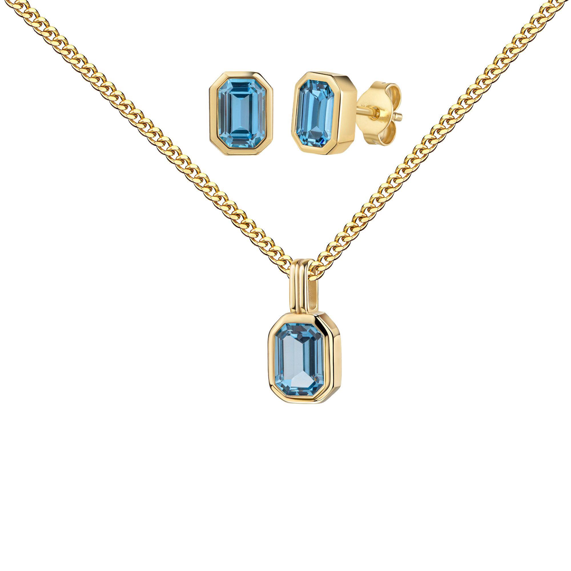 JEVELION Schmuckset Anhänger 585 Gold 2x Ohrstecker mit blauem Zirkonia (Goldanhänger + Gold-Ohrschmuck, für Damen), Mit Kette vergoldet- Länge wählbar 36 - 70 cm oder ohne Kette.