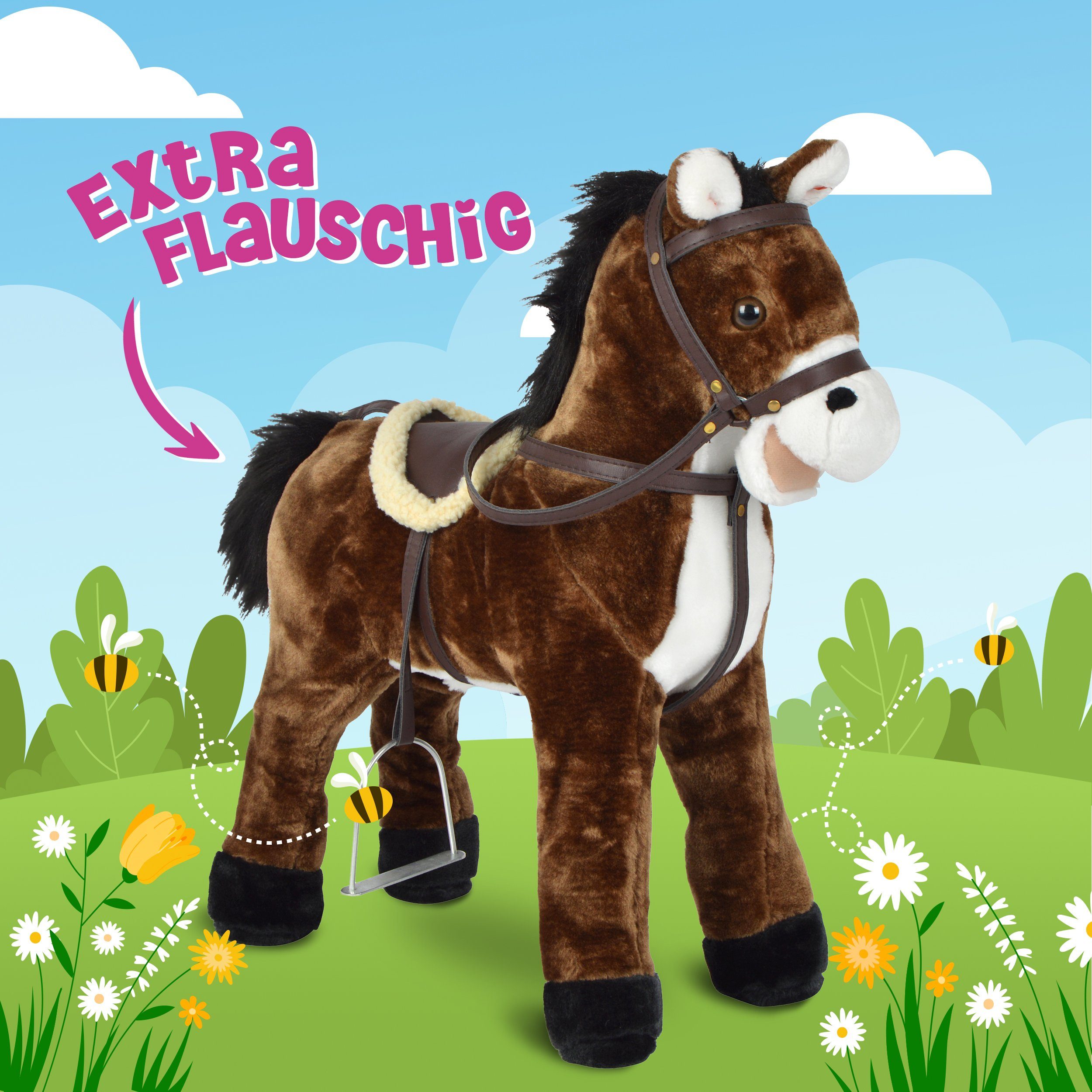 Pink Papaya Stehpferd Spielpferd zum Reiten für Kinder 65 / 75 cm Plüschpferd, Kuscheliges Stehpferd für Kinder, handgefertigt