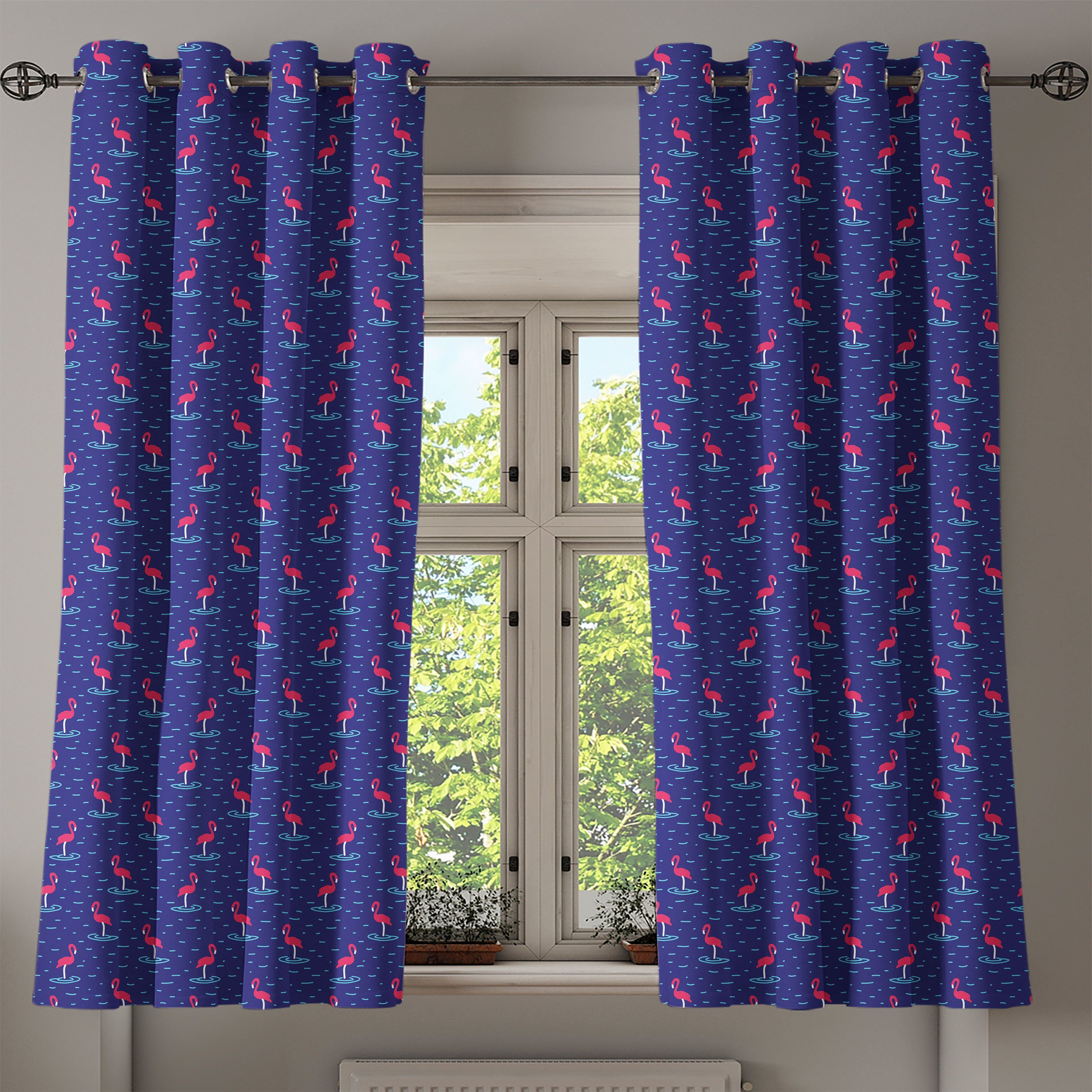 Gardine Dekorative 2-Panel-Fenstervorhänge für Abakuhaus, See Wohnzimmer, Wellenförmige Flamingo Birds Schlafzimmer