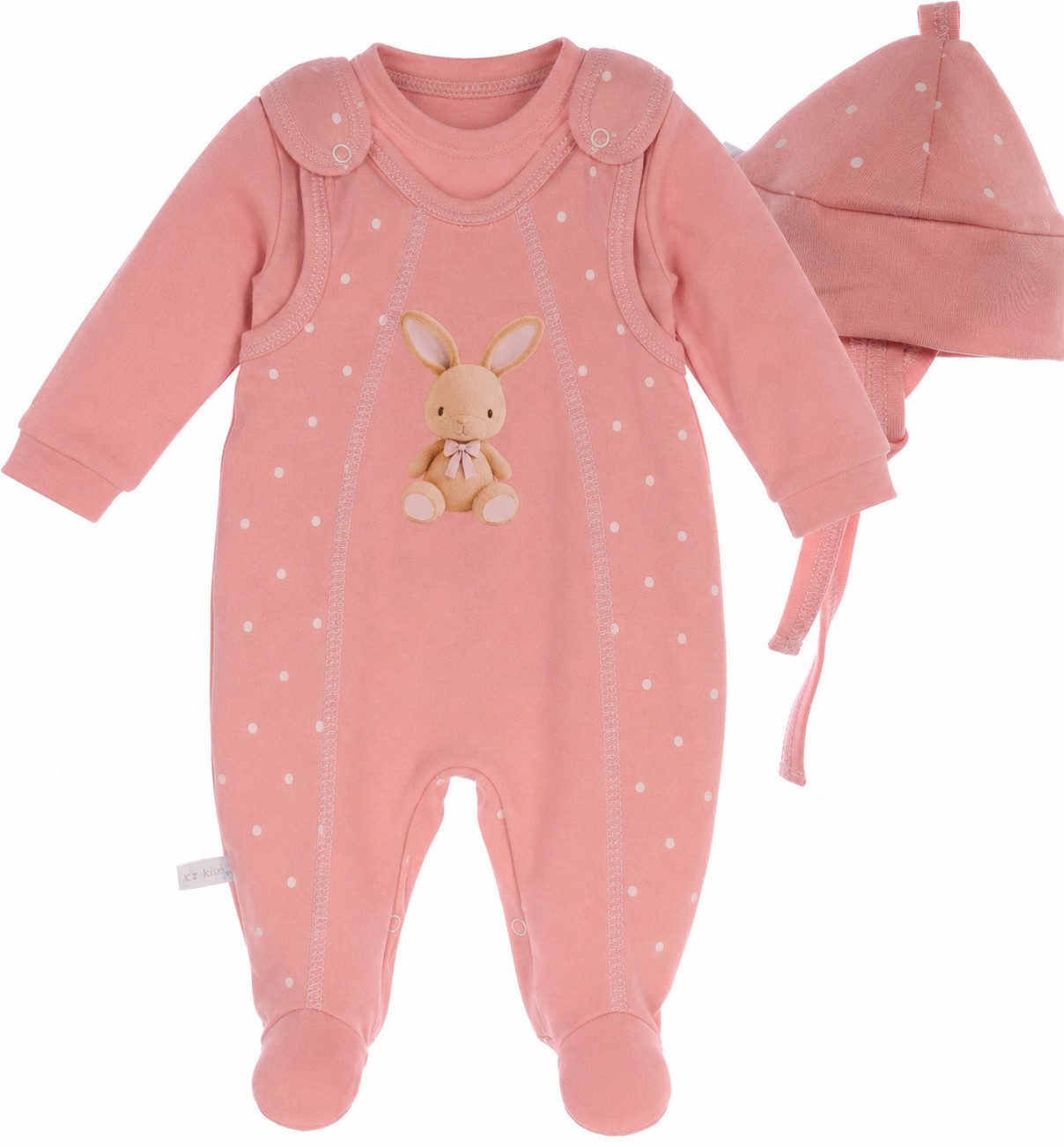 La Bortini Strampler Baby Anzug Erstlingsausstattung Set in Puderrosa mit Hasen aus reiner Baumwolle, 44 50 56 62 68 74
