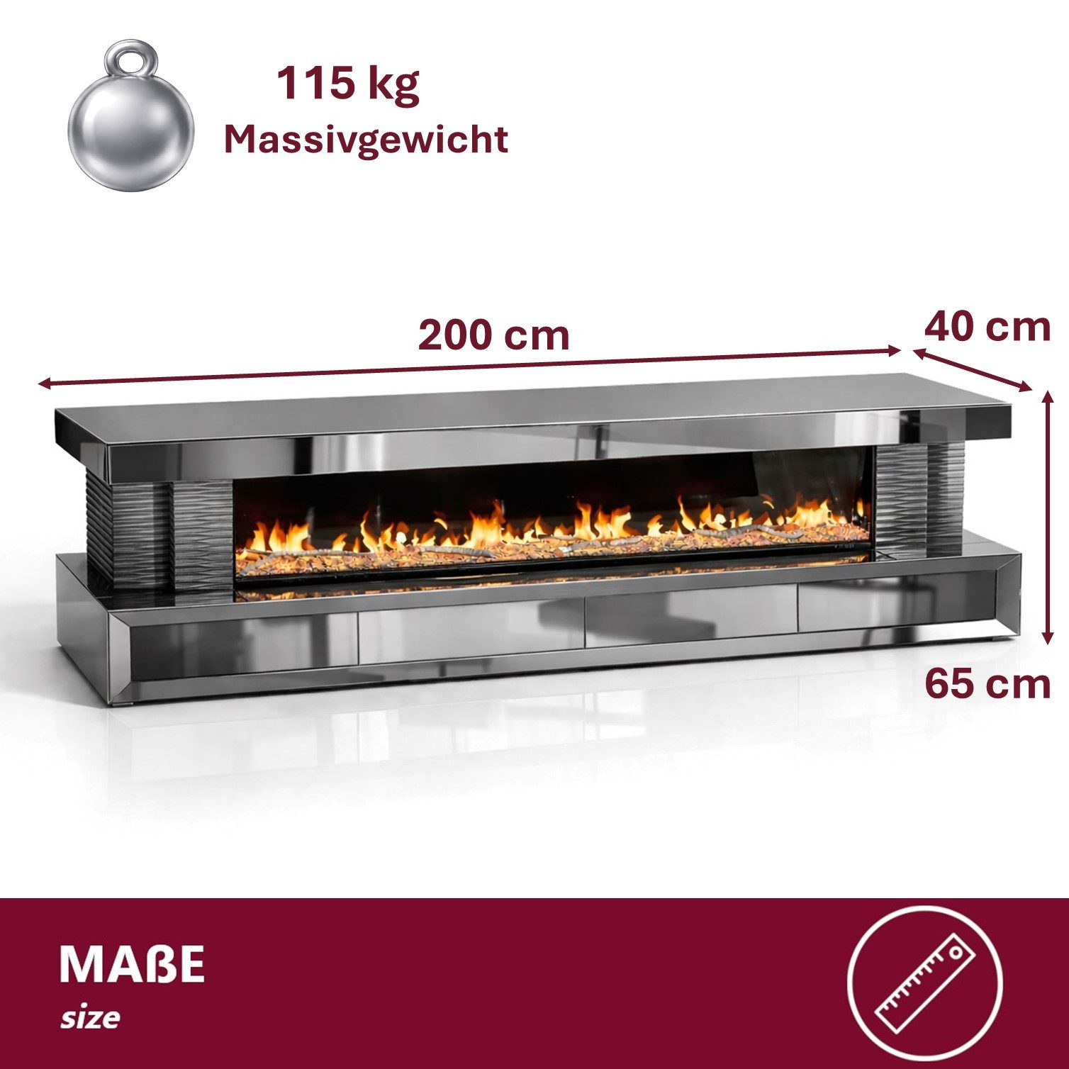 HOOZ TV-Schrank TV Lowboard mit Kamin – modernes Design Anthrazit eckig 200 cm (Einzelprodukt, 1-St., TV Möbel Einzelmöbel) 3D-Flammenoptik, Push-Open Schublade – Bild 4 von 5